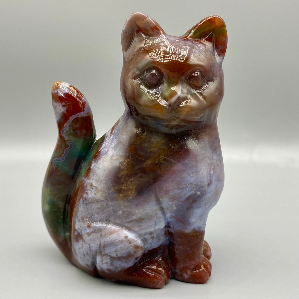 8.5CM Ocean Jasper Handcarved Sitting Cat Carving Natural Crystal Home Decoration Gift