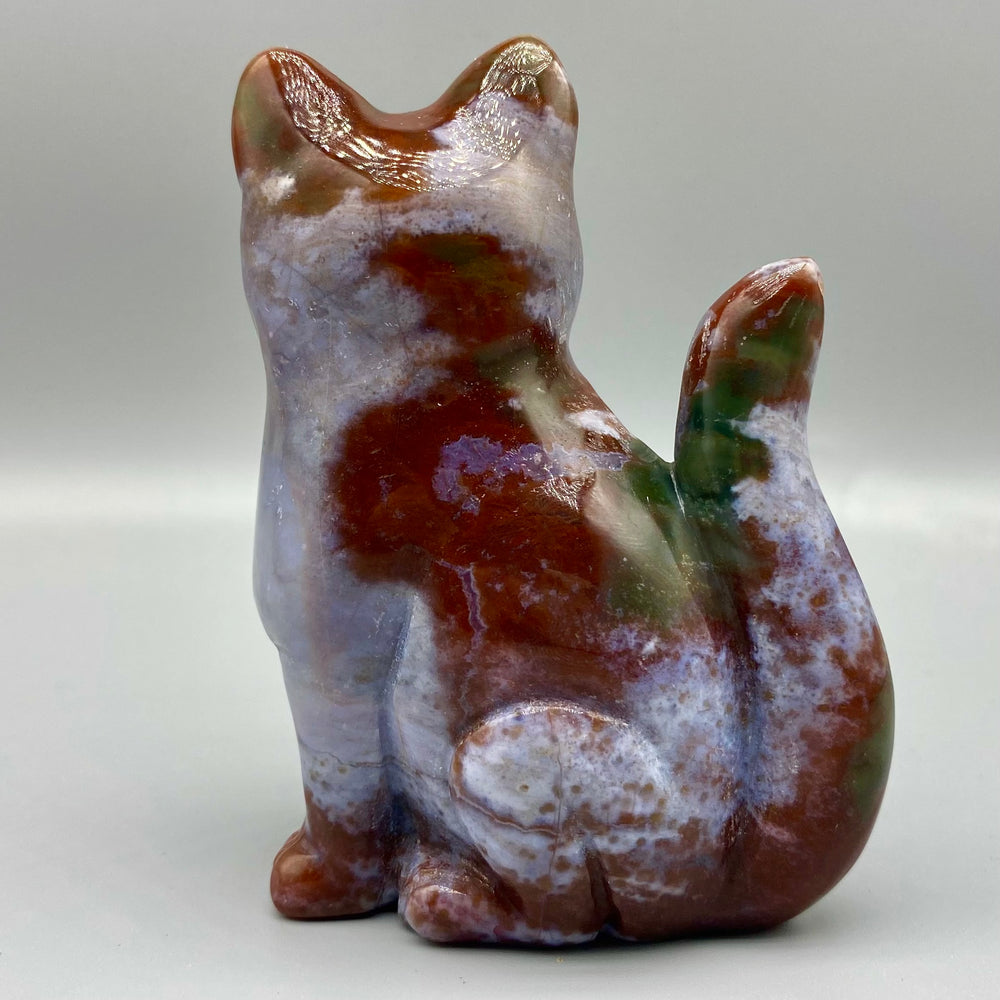 8.5CM Ocean Jasper Handcarved Sitting Cat Carving Natural Crystal Home Decoration Gift