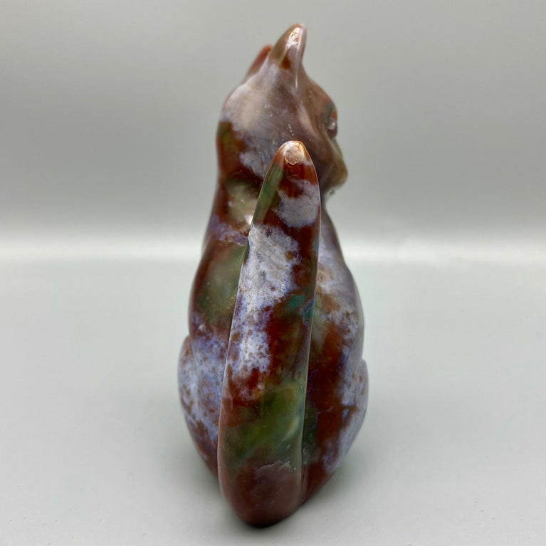 8.5CM Ocean Jasper Handcarved Sitting Cat Carving Natural Crystal Home Decoration Gift