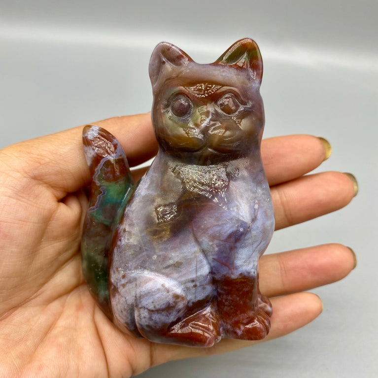 8.5CM Ocean Jasper Handcarved Sitting Cat Carving Natural Crystal Home Decoration Gift