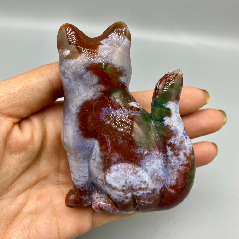 8.5CM Ocean Jasper Handcarved Sitting Cat Carving Natural Crystal Home Decoration Gift