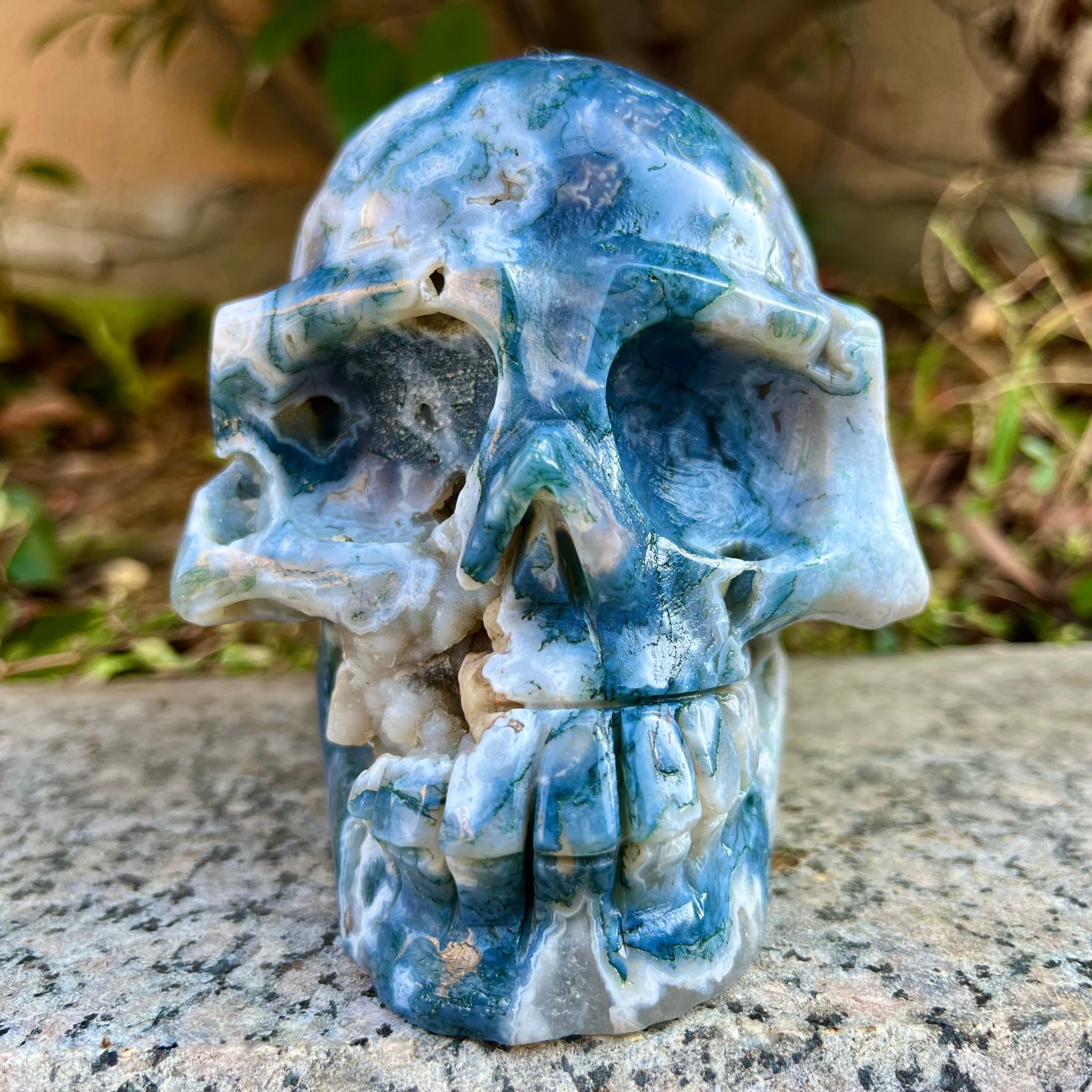 Natural Moss Agate Skull Carving