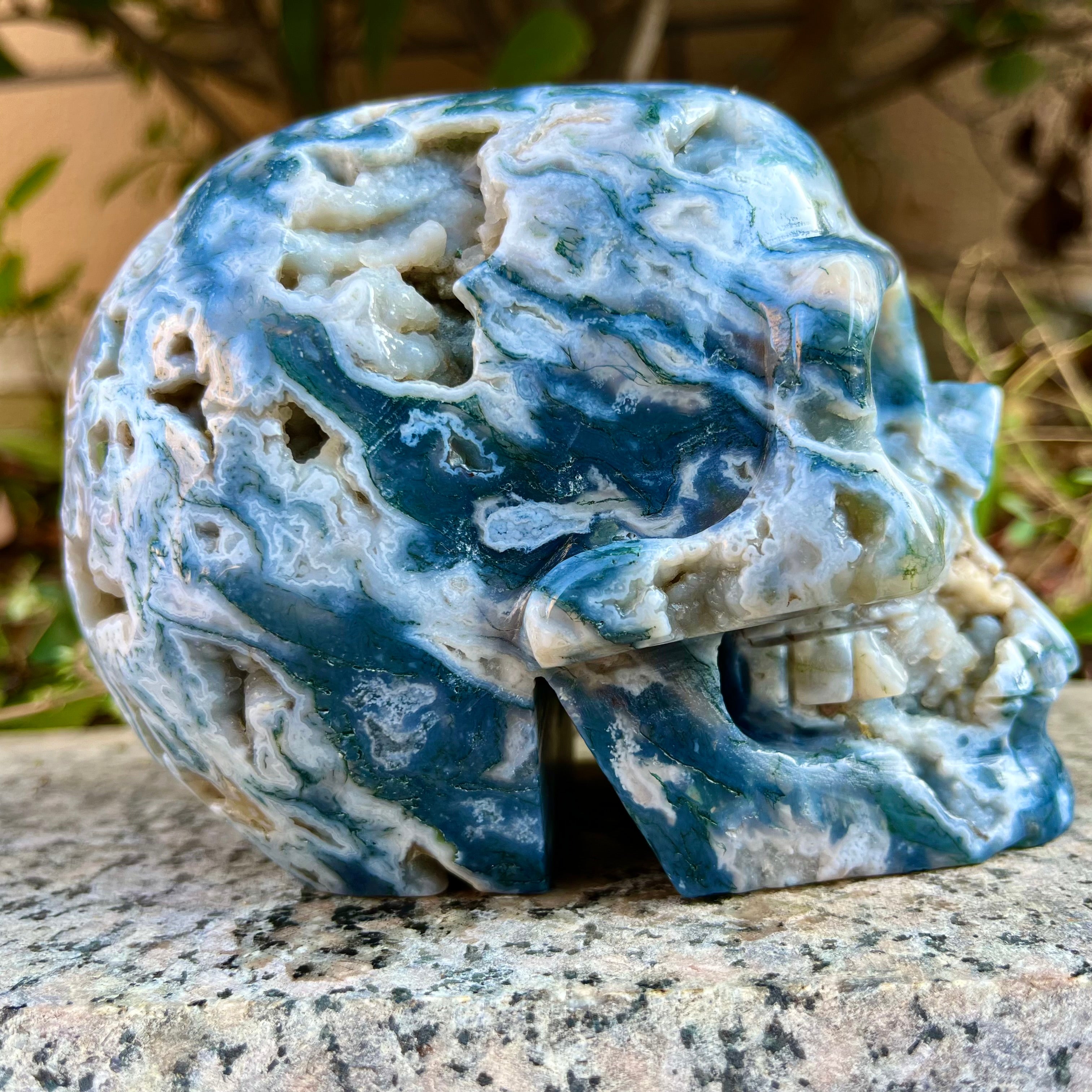 Natural Moss Agate Skull Carving