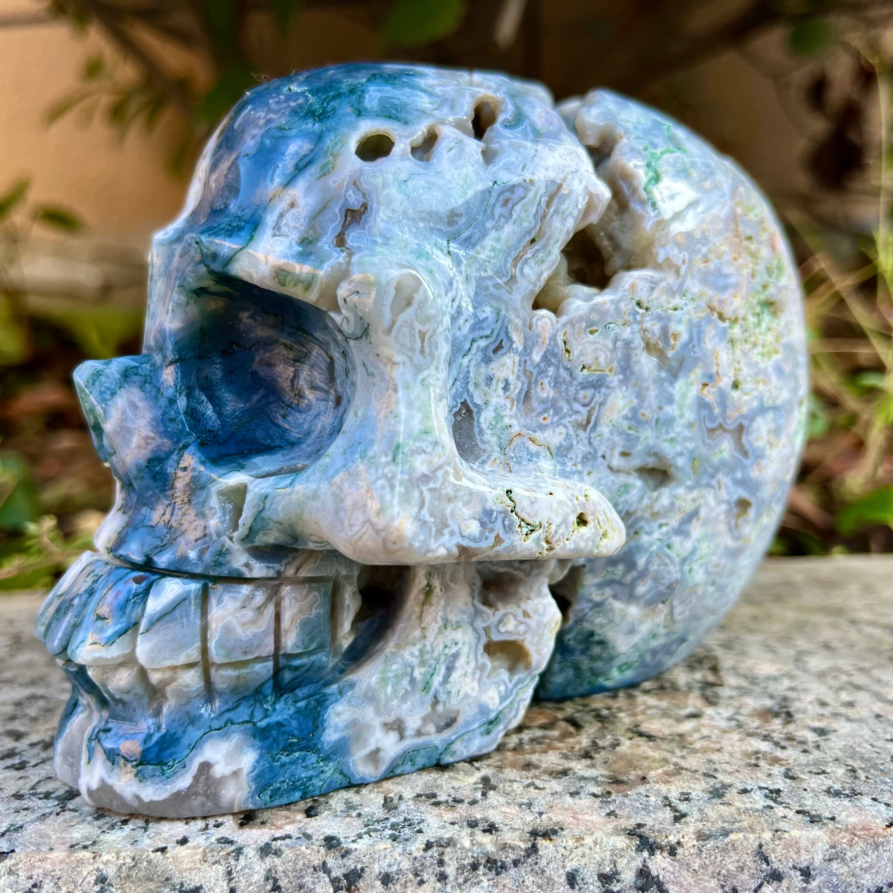 Natural Moss Agate Skull Carving