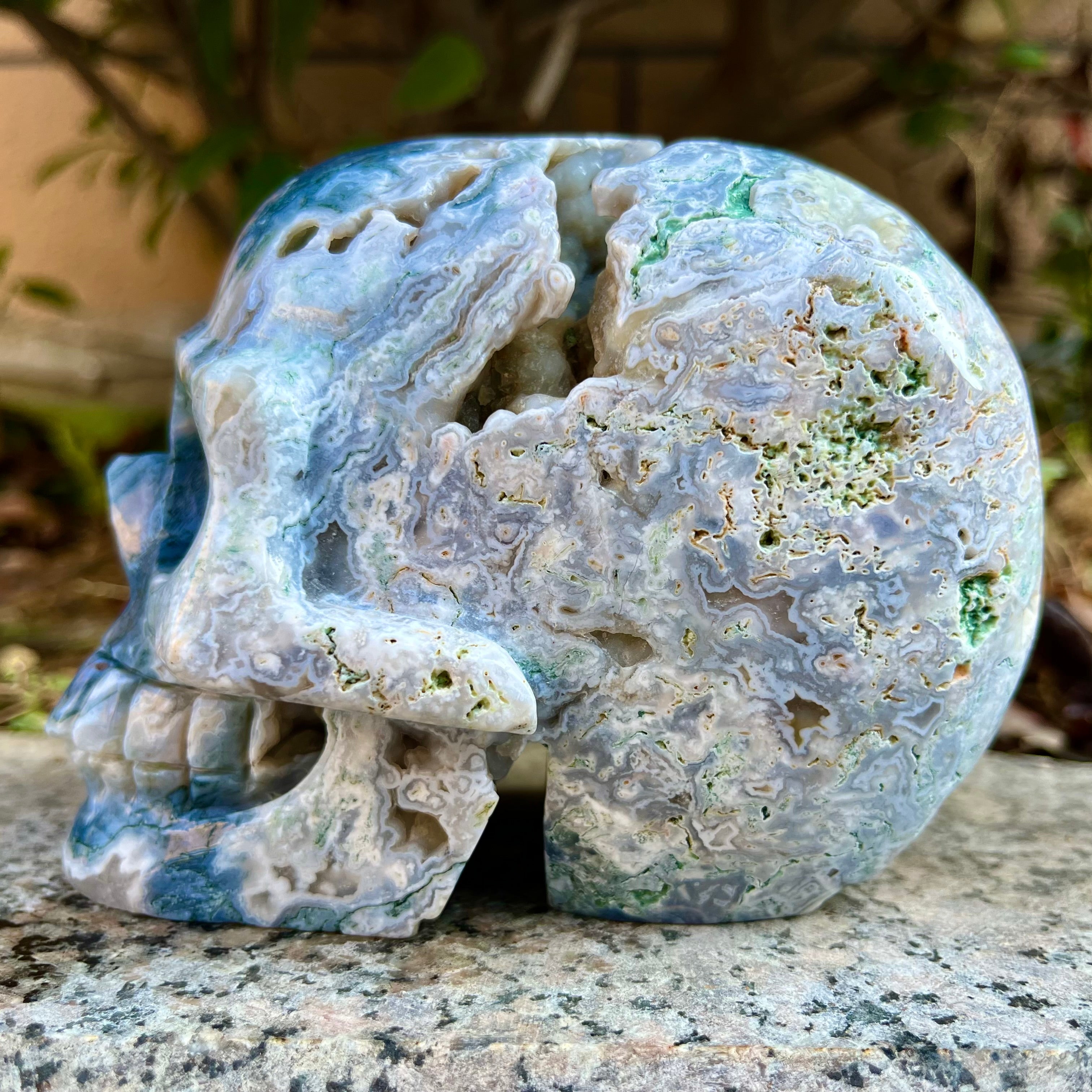 Natural Moss Agate Skull Carving