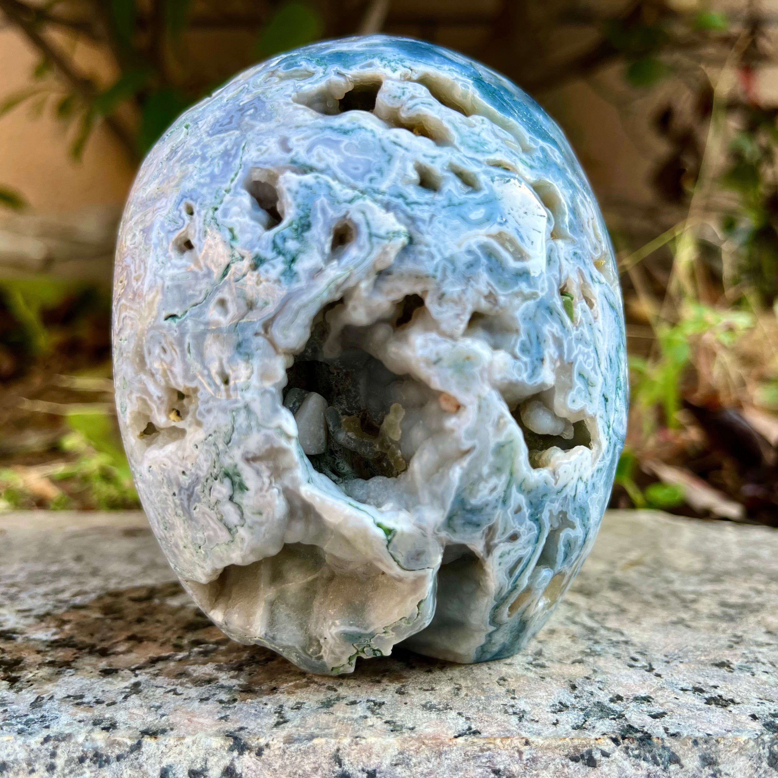Natural Moss Agate Skull Carving