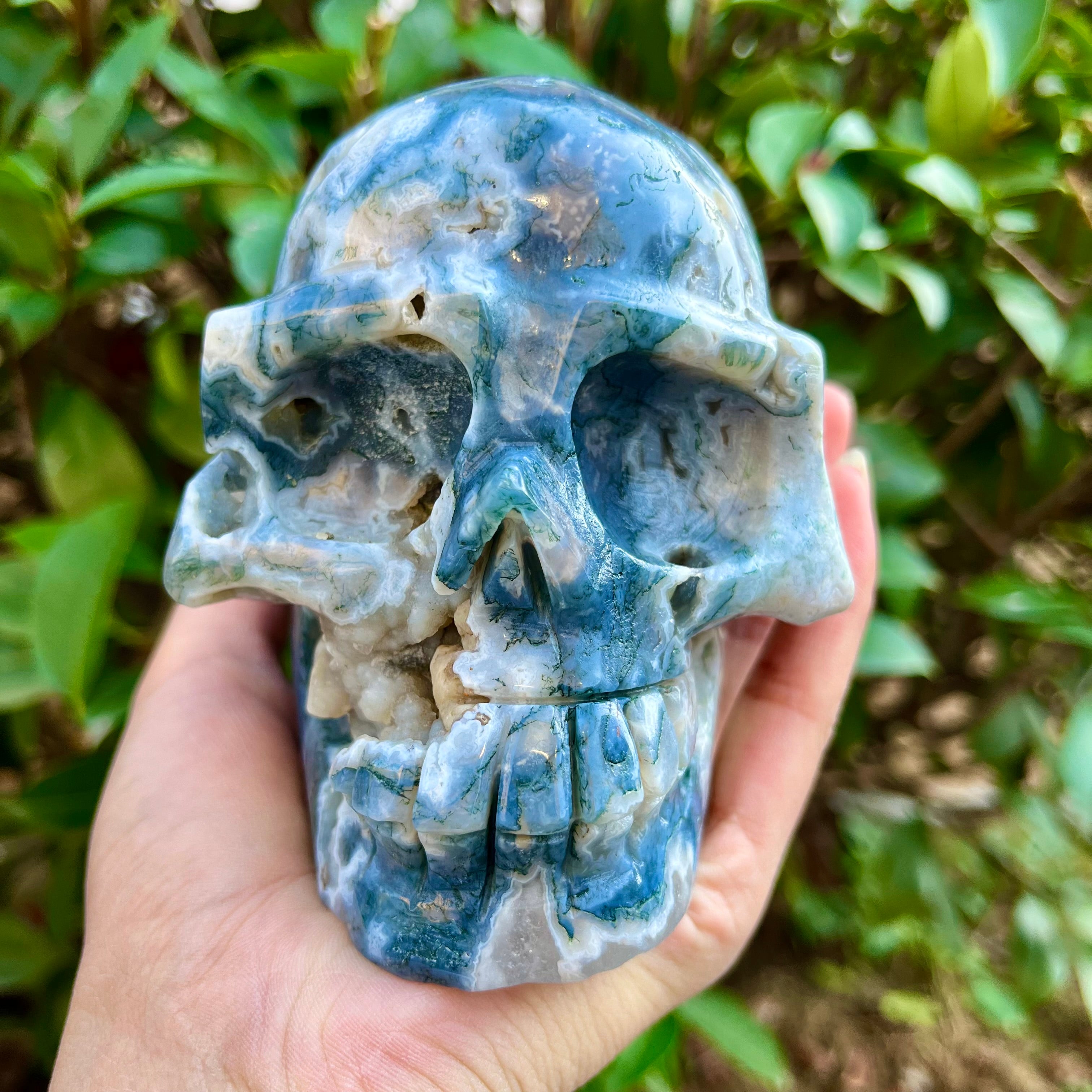 Natural Moss Agate Skull Carving