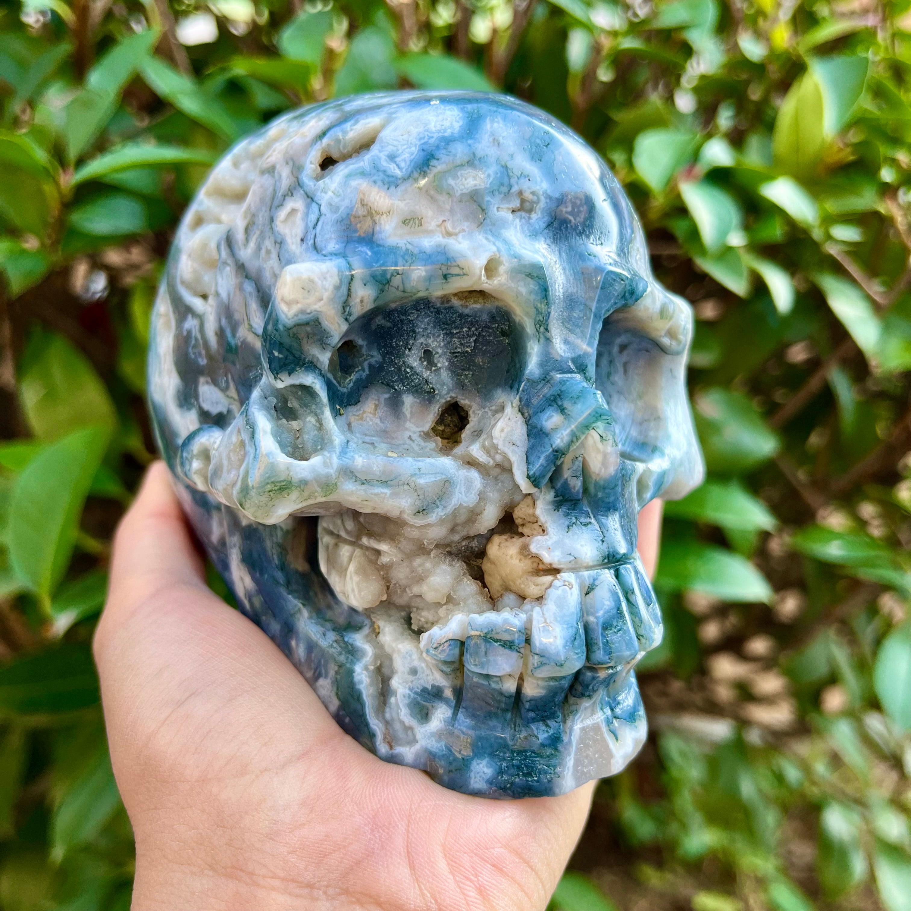 Natural Moss Agate Skull Carving