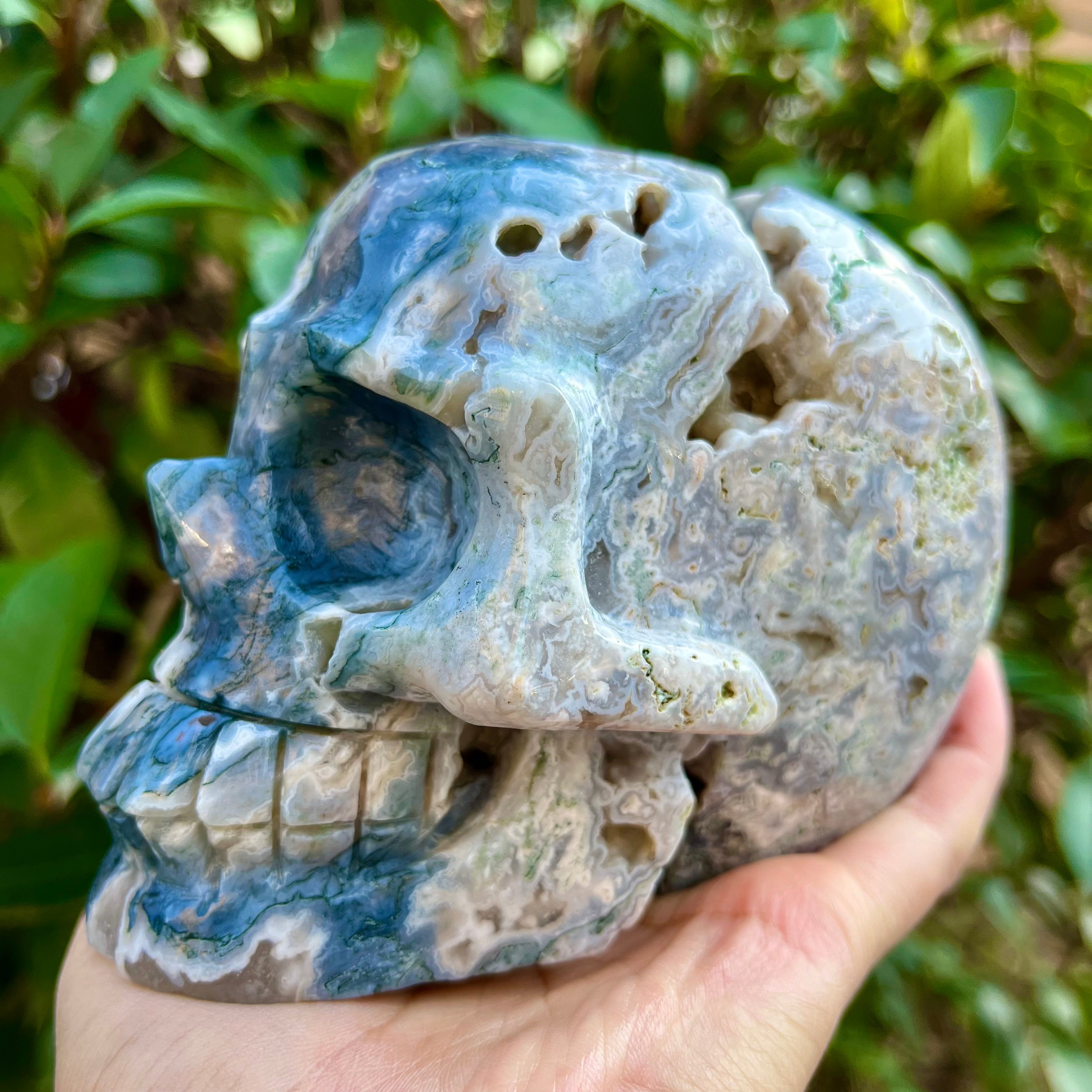 Natural Moss Agate Skull Carving