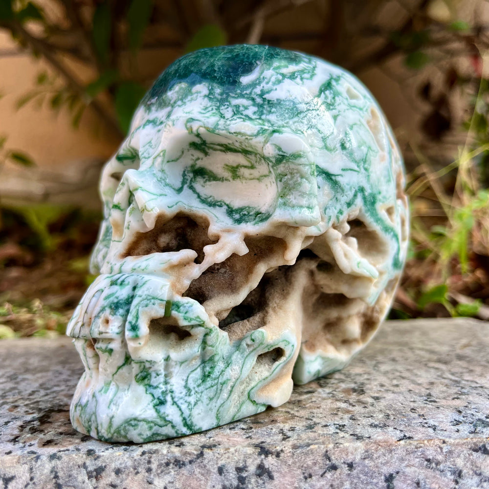 Natural Moss Agate Skull Carving Wholesale Natural Crystal Healing Stone Home Decoration