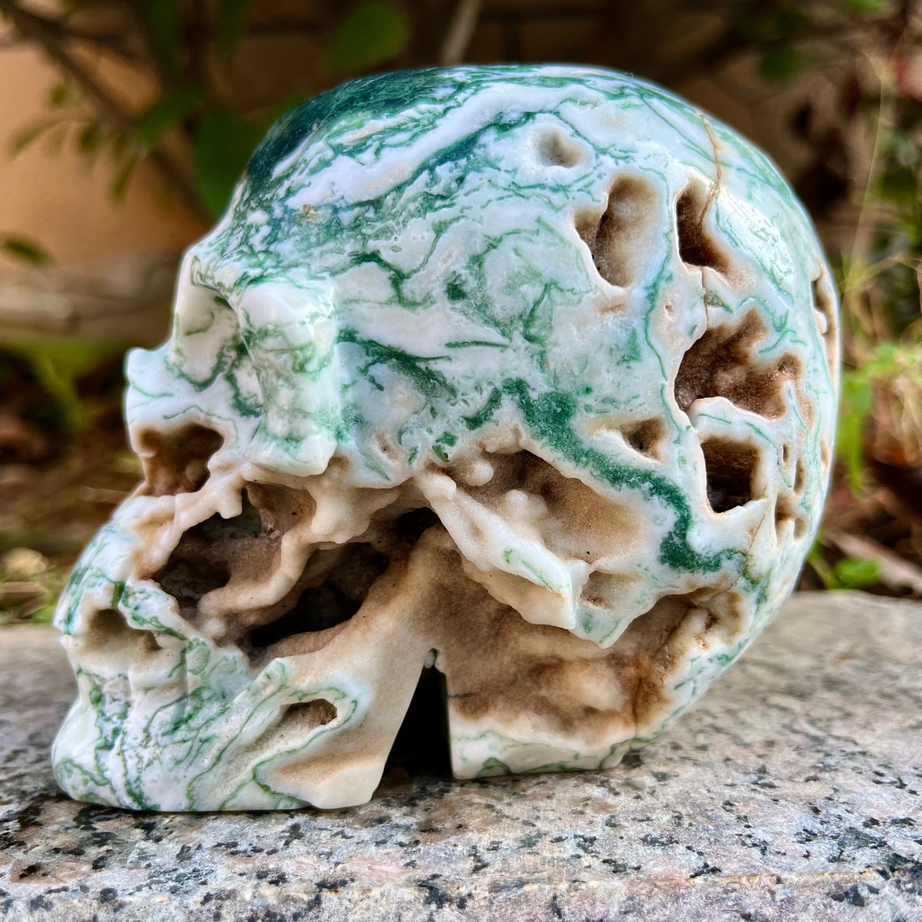 Natural Moss Agate Skull Carving