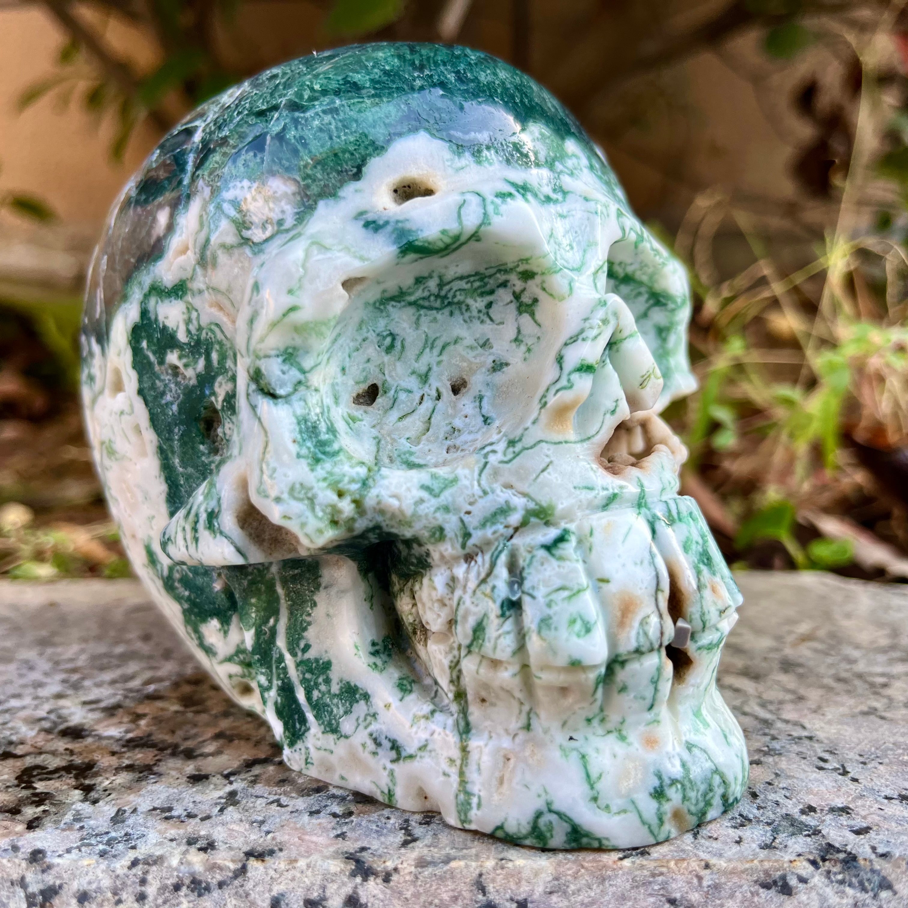 Natural Moss Agate Skull Carving