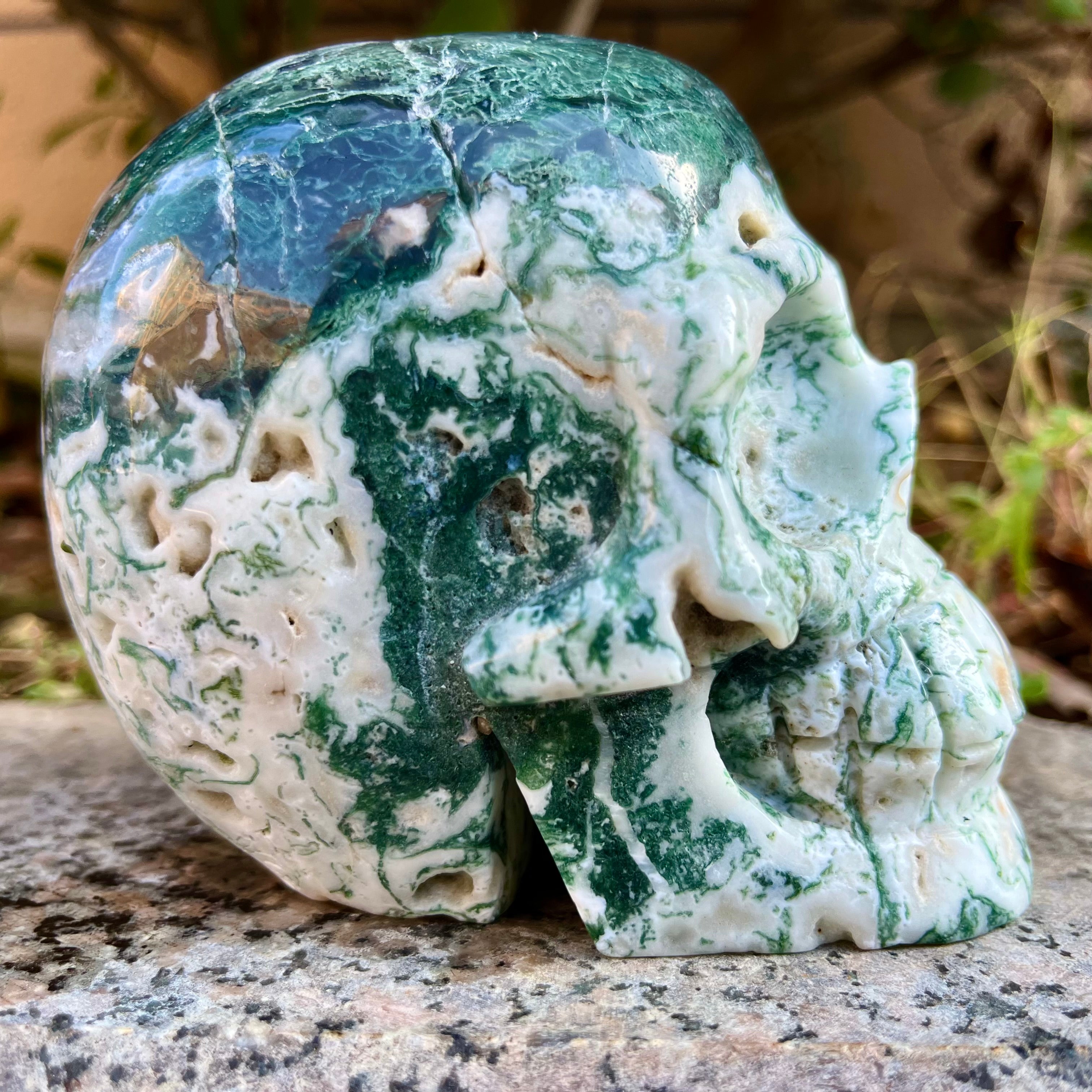 Natural Moss Agate Skull Carving