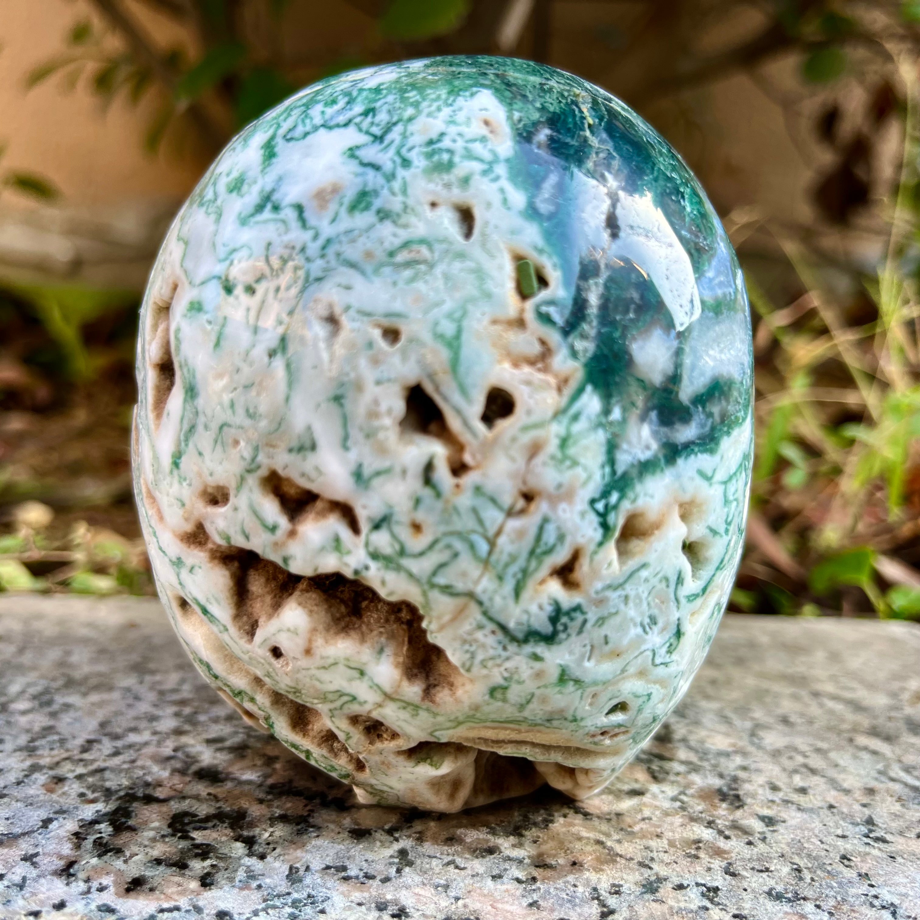 Natural Moss Agate Skull Carving