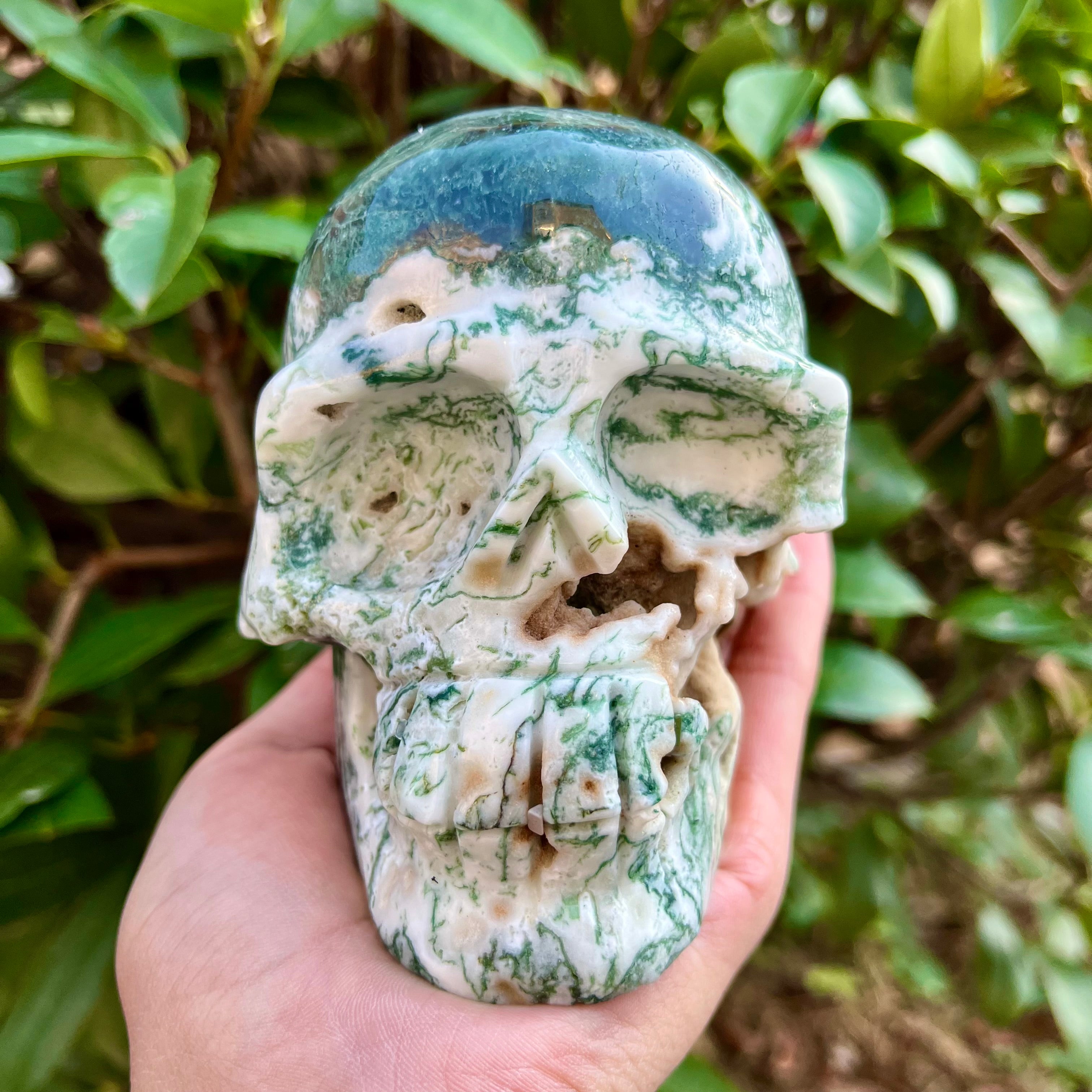 Natural Moss Agate Skull Carving