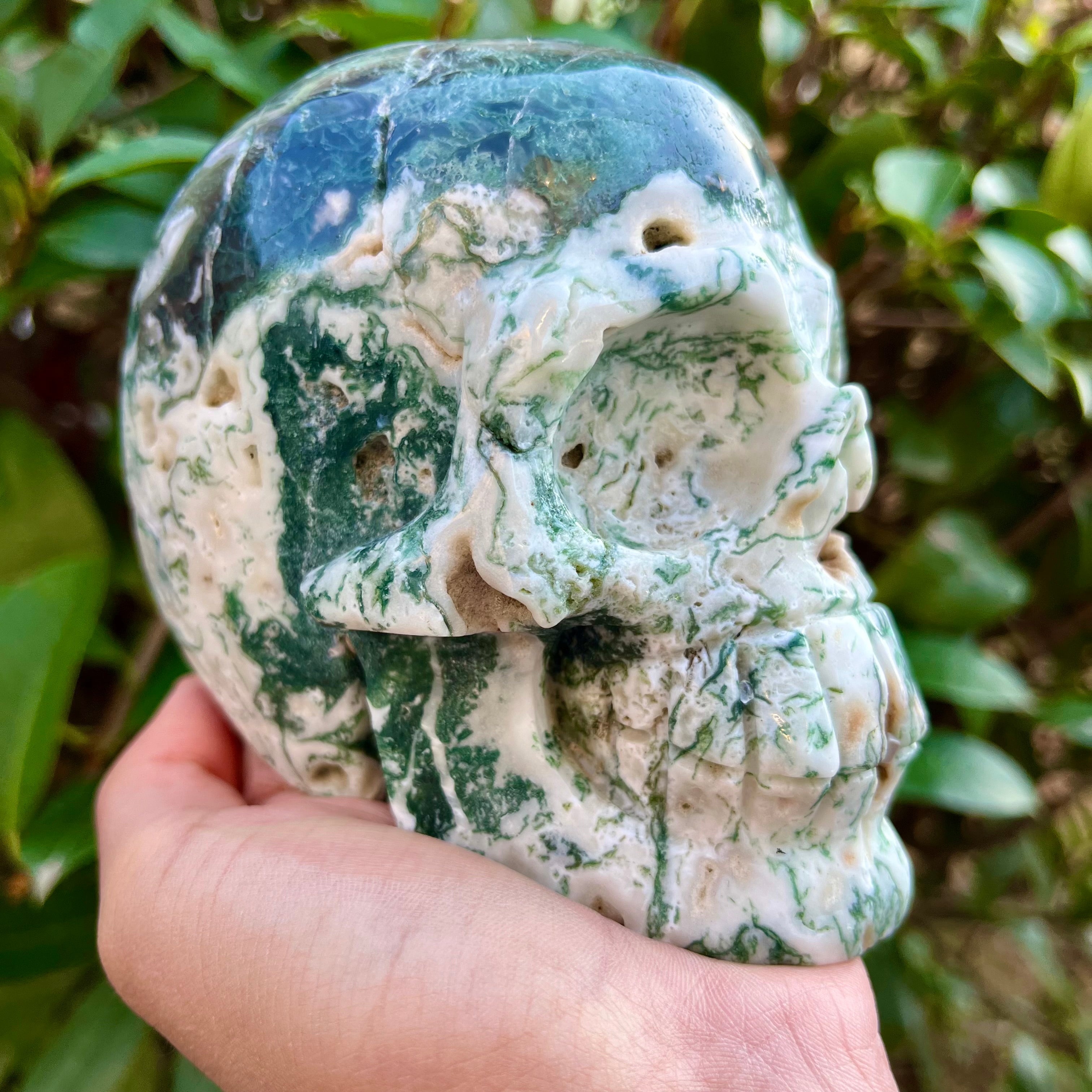 Natural Moss Agate Skull Carving