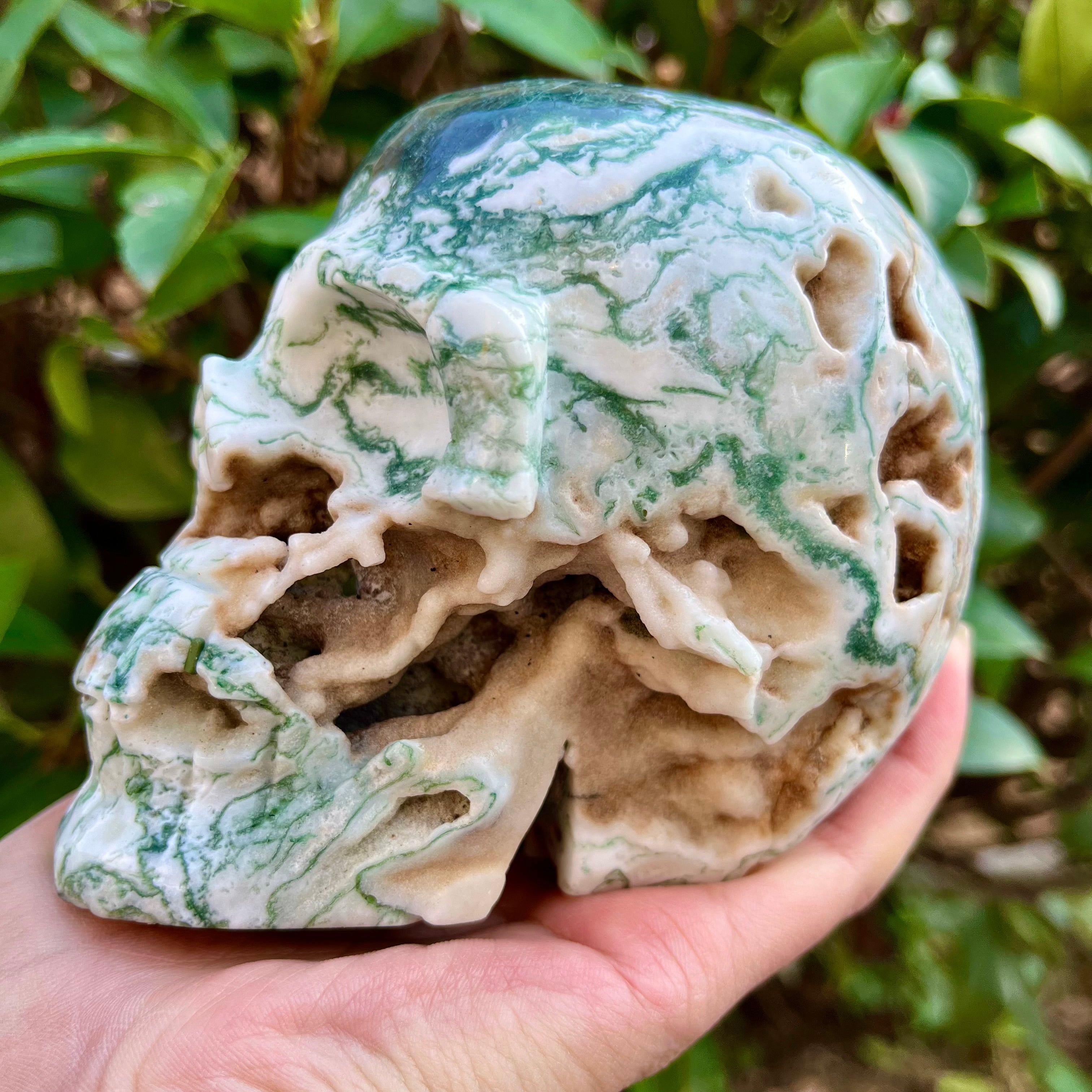 Natural Moss Agate Skull Carving