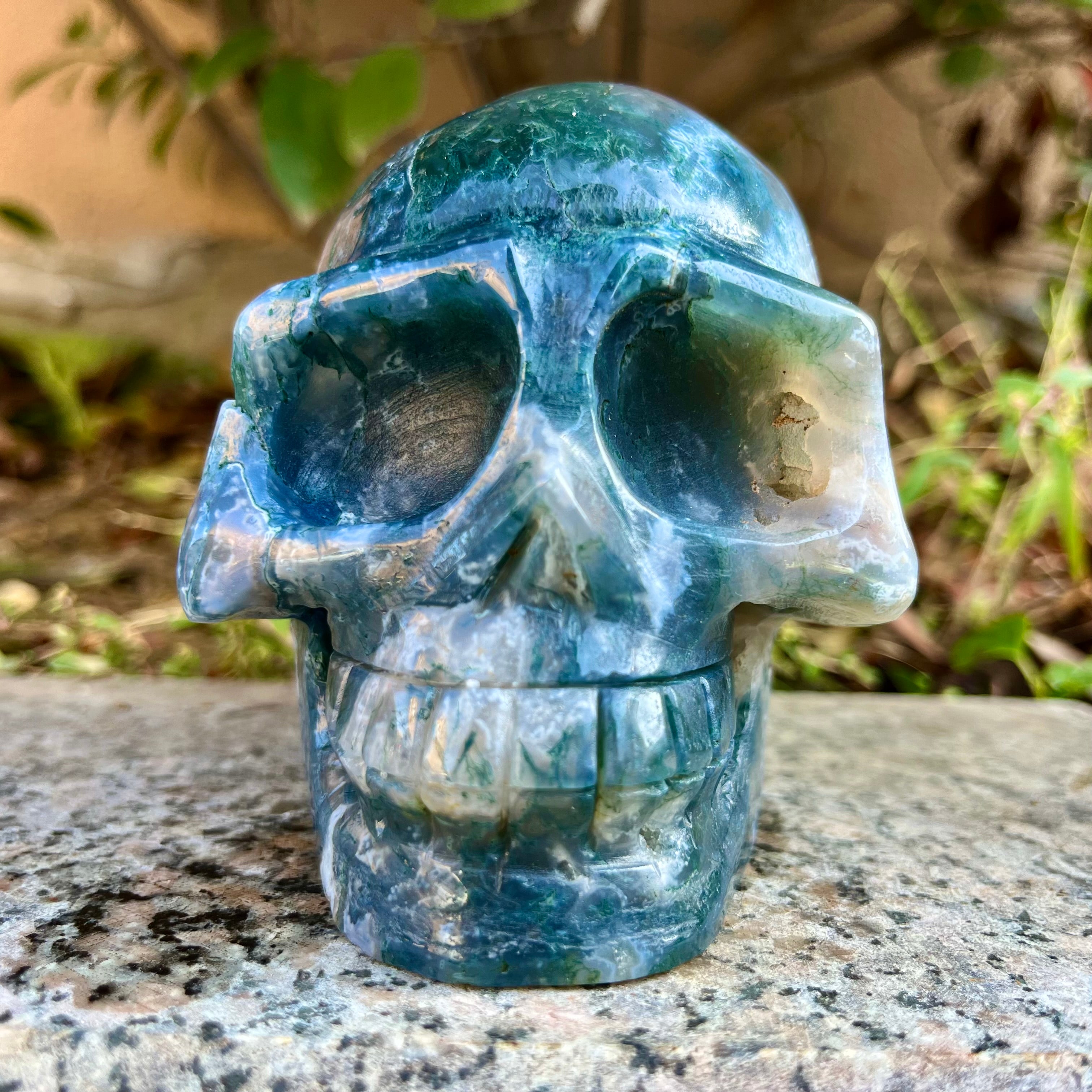 Natural Moss Agate Skull Skeleton Carving