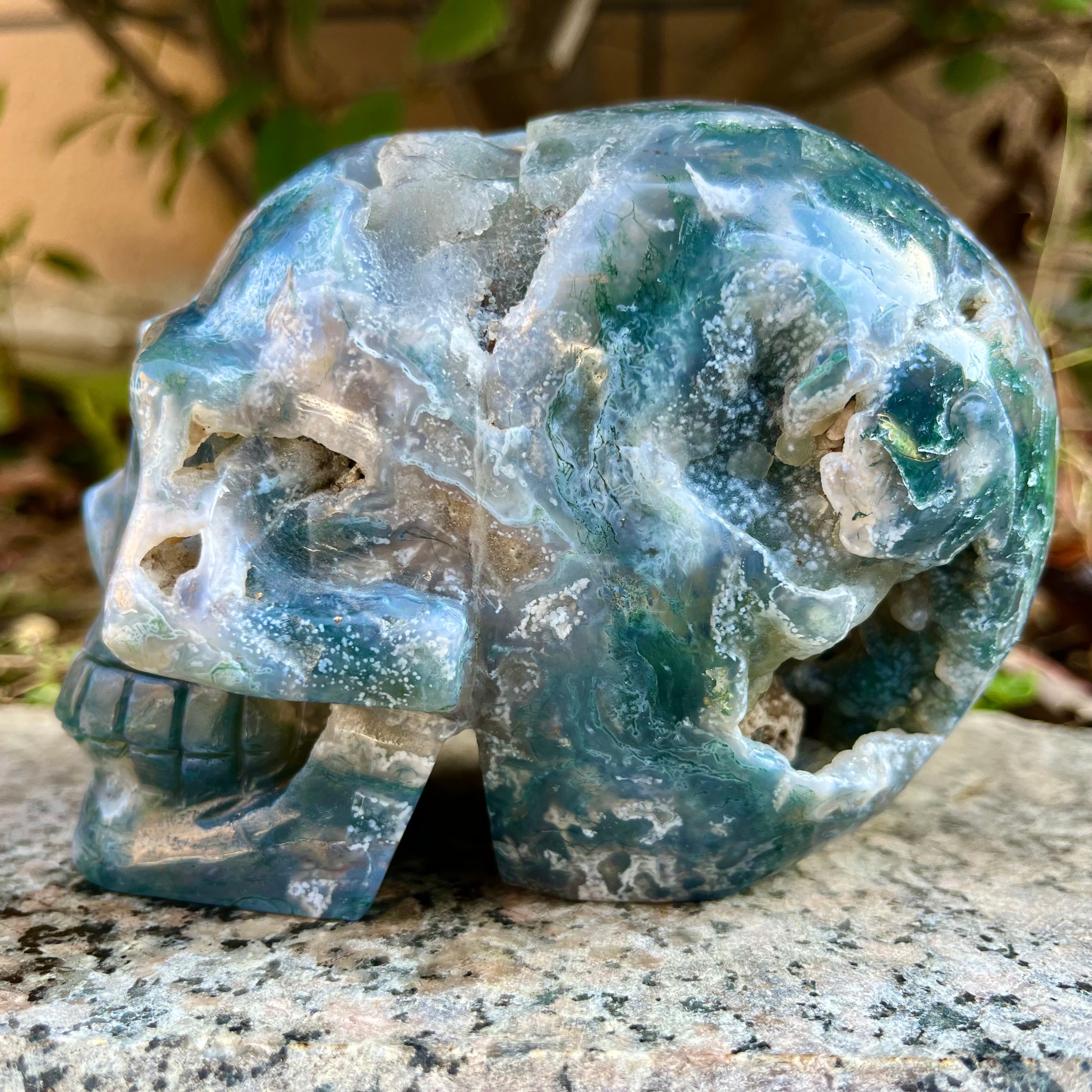 Natural Moss Agate Skull Skeleton Carving