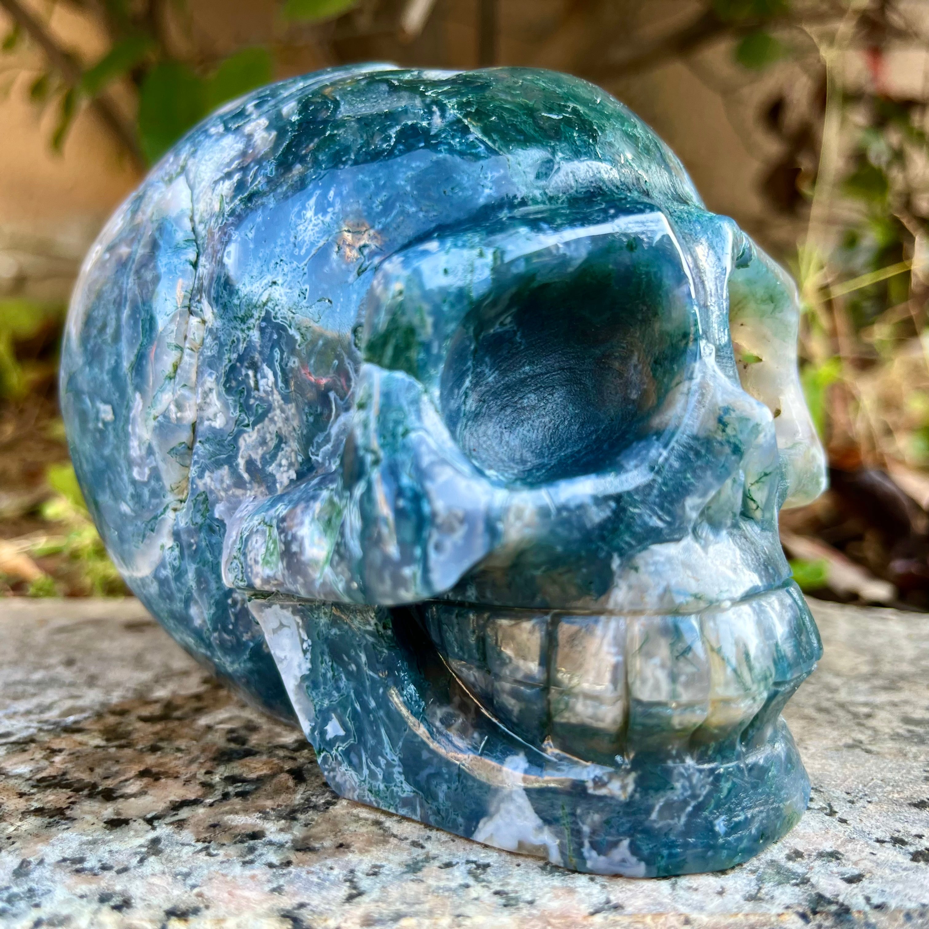 Natural Moss Agate Skull Skeleton Carving