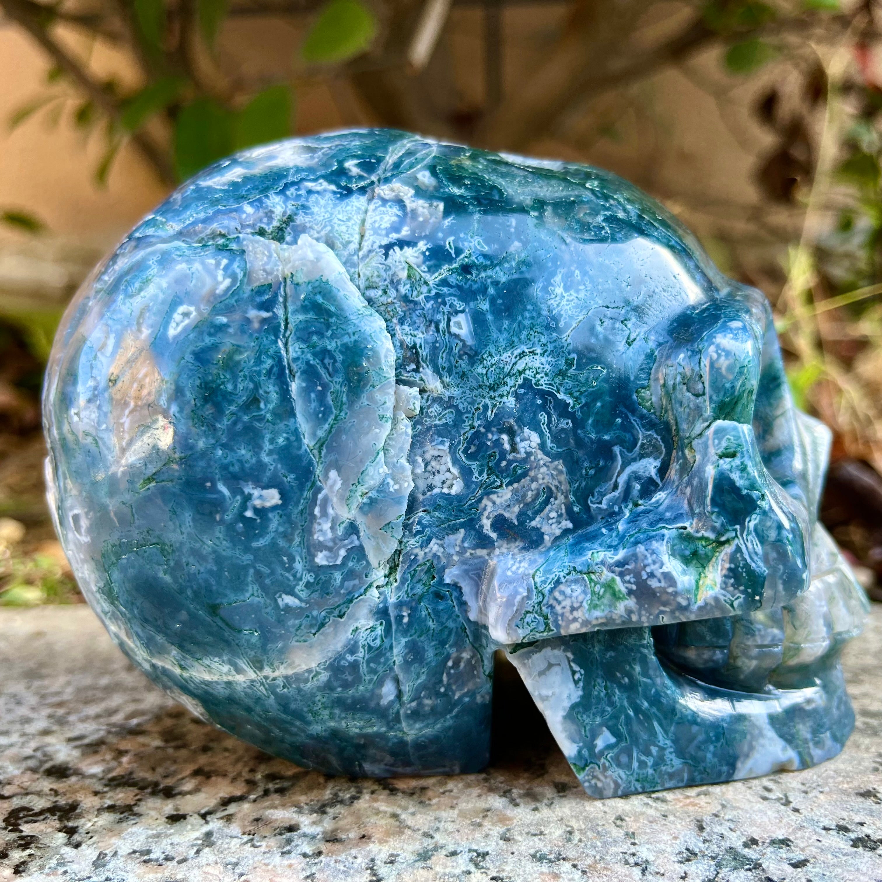 Natural Moss Agate Skull Skeleton Carving