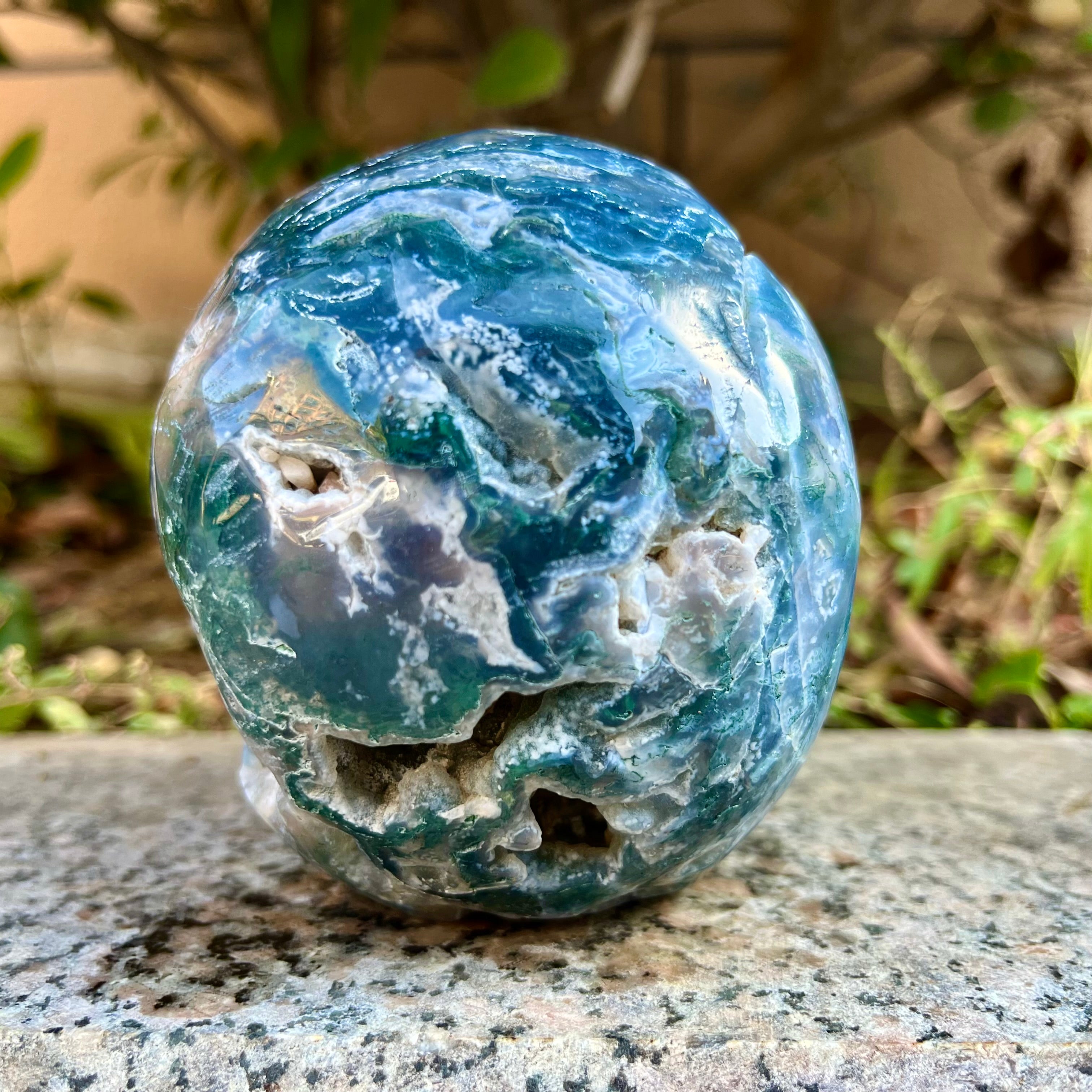 Natural Moss Agate Skull Skeleton Carving