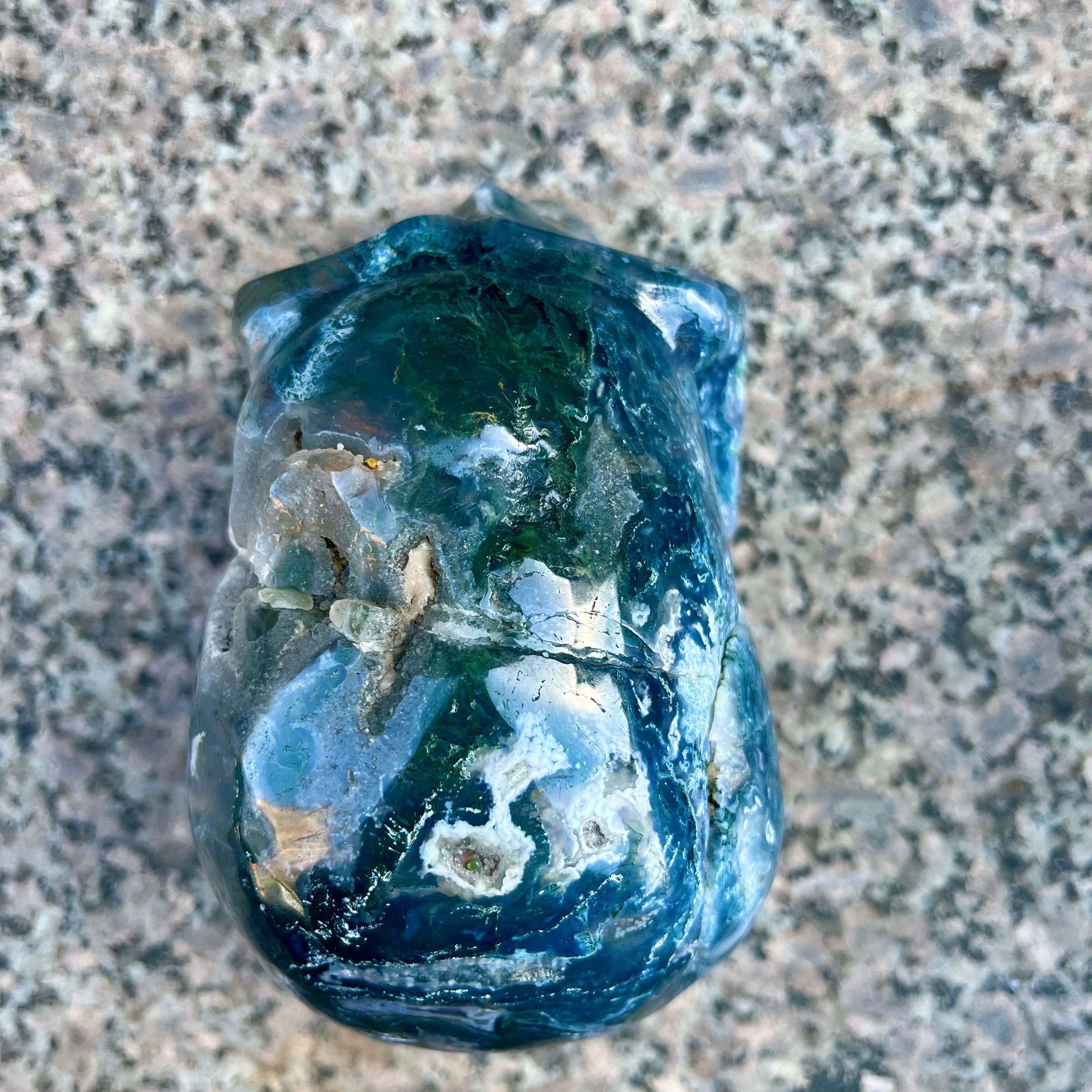 Natural Moss Agate Skull Skeleton Carving