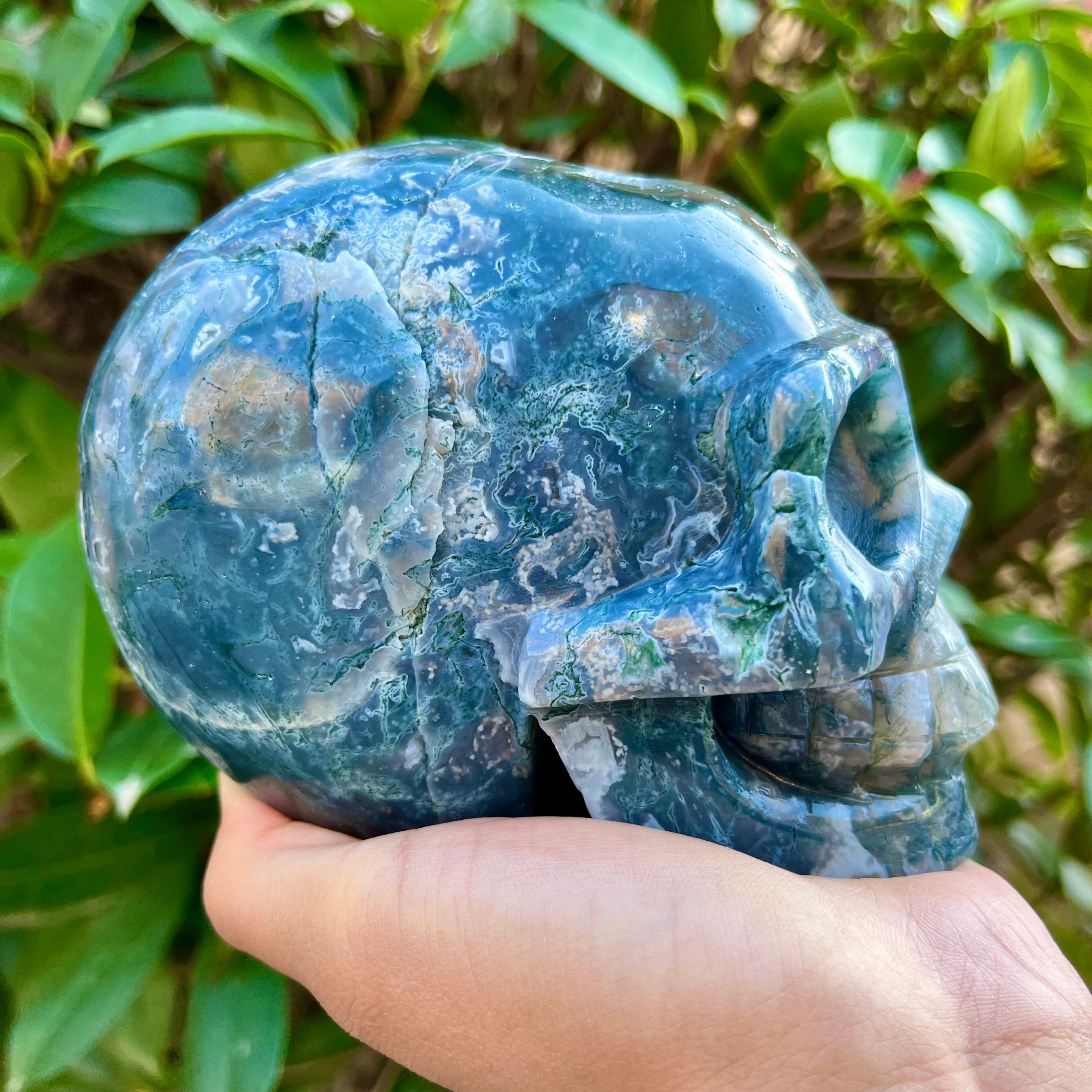 Natural Moss Agate Skull Skeleton Carving