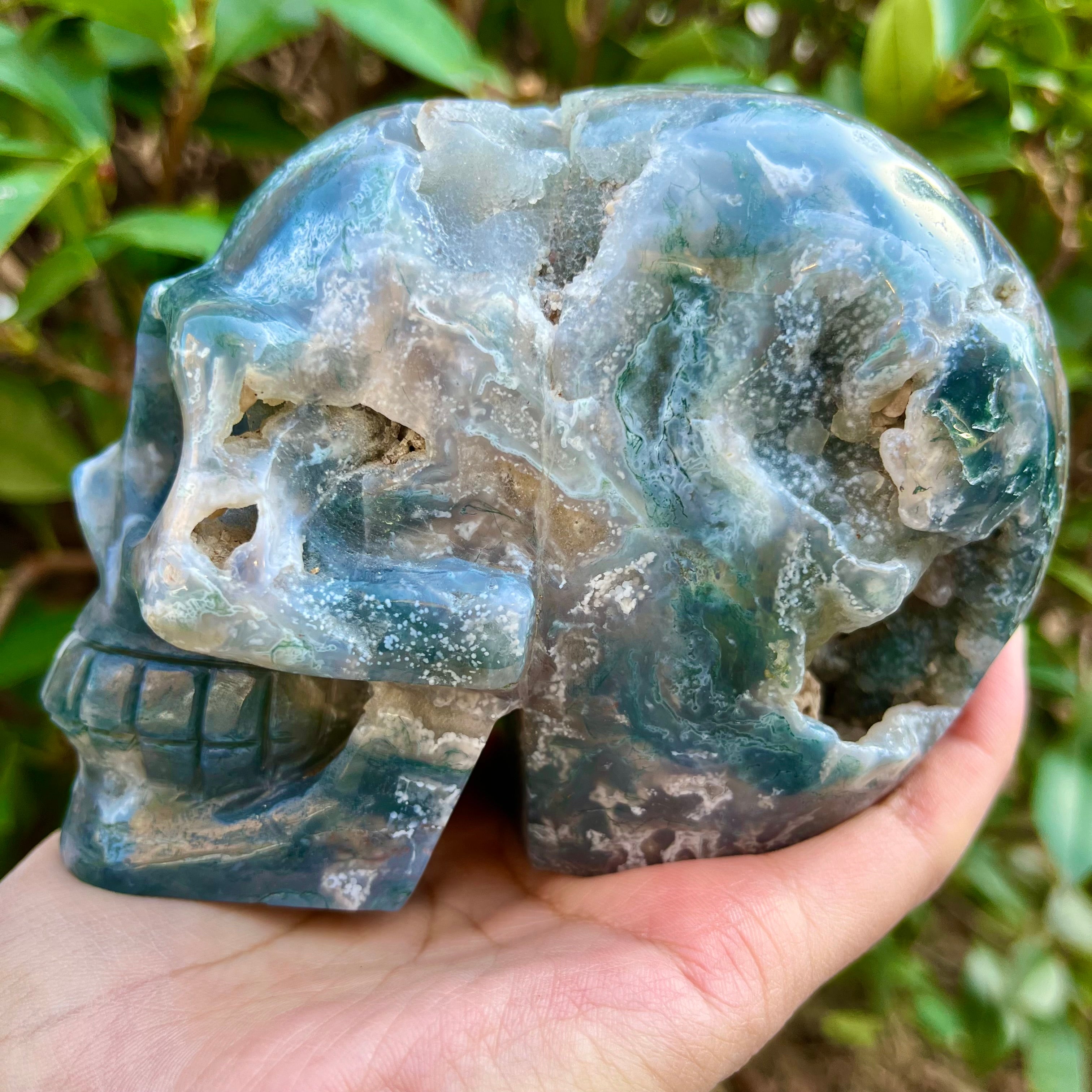 Natural Moss Agate Skull Skeleton Carving