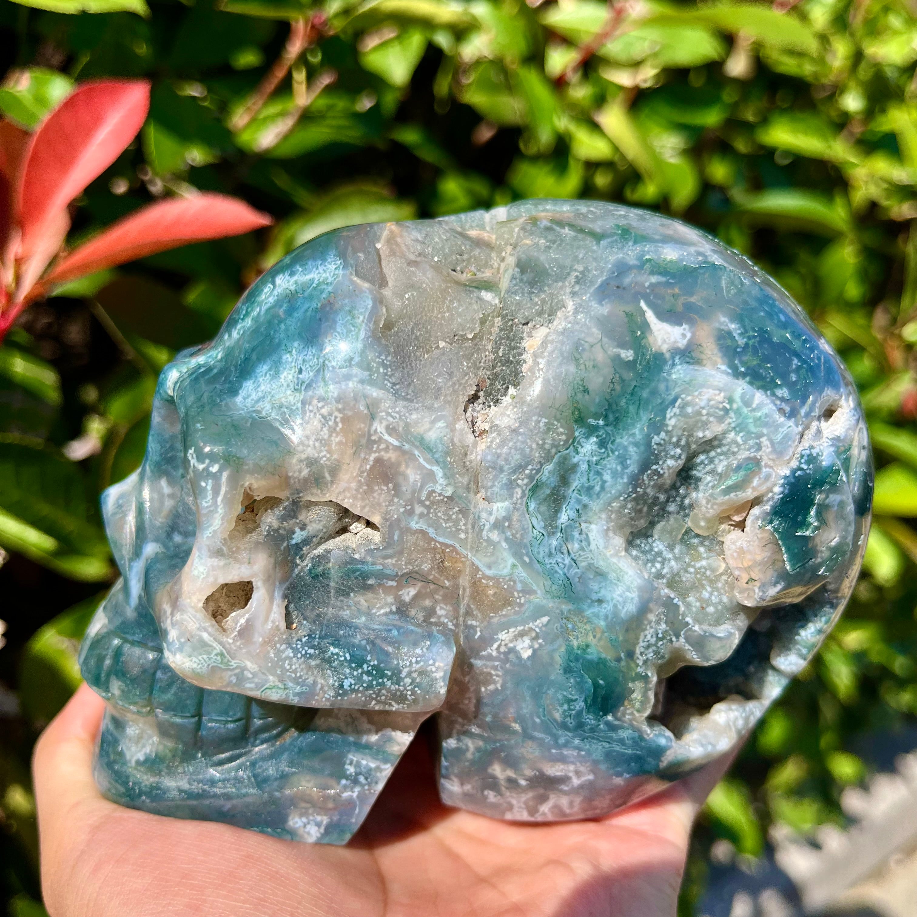 Natural Moss Agate Skull Skeleton Carving