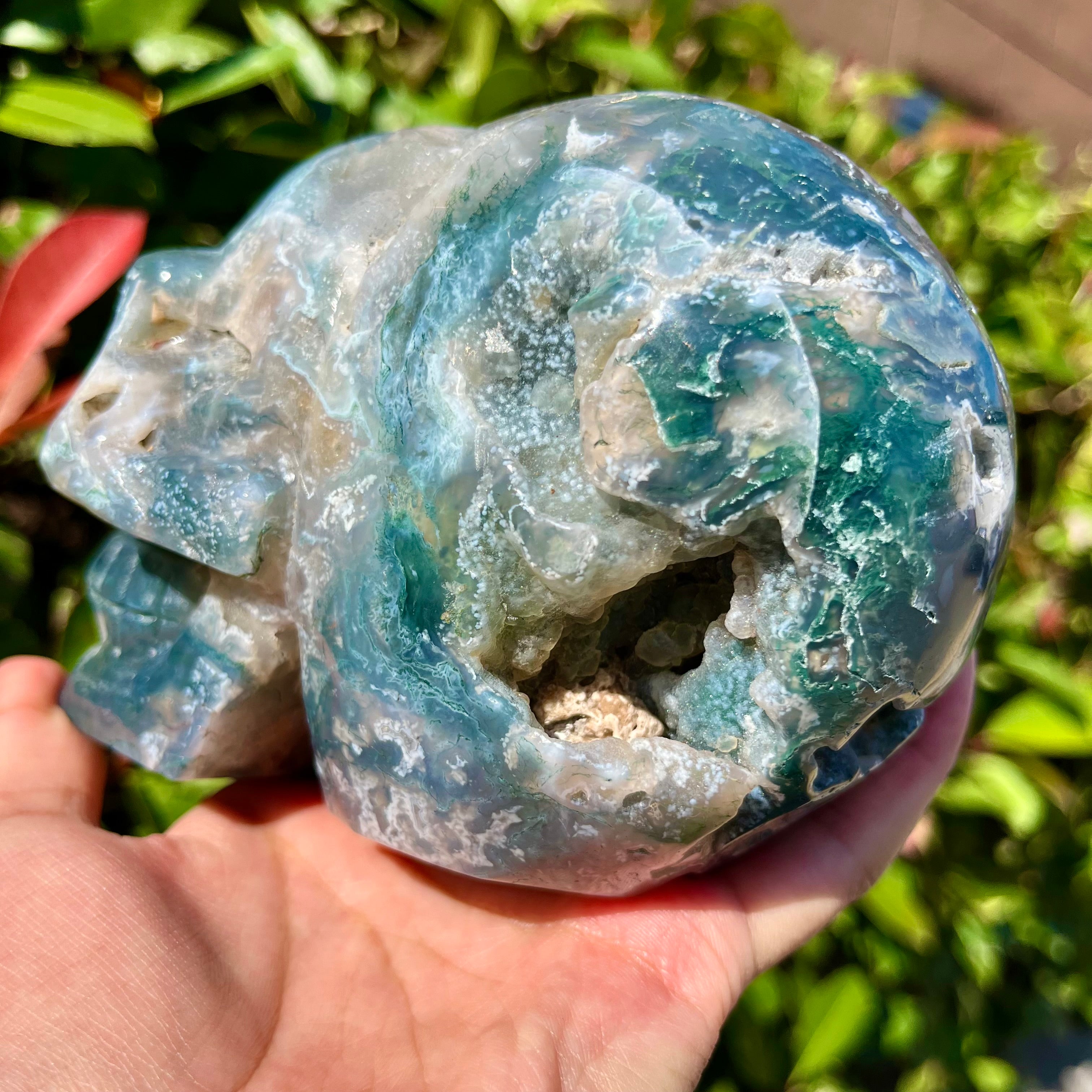 Natural Moss Agate Skull Skeleton Carving