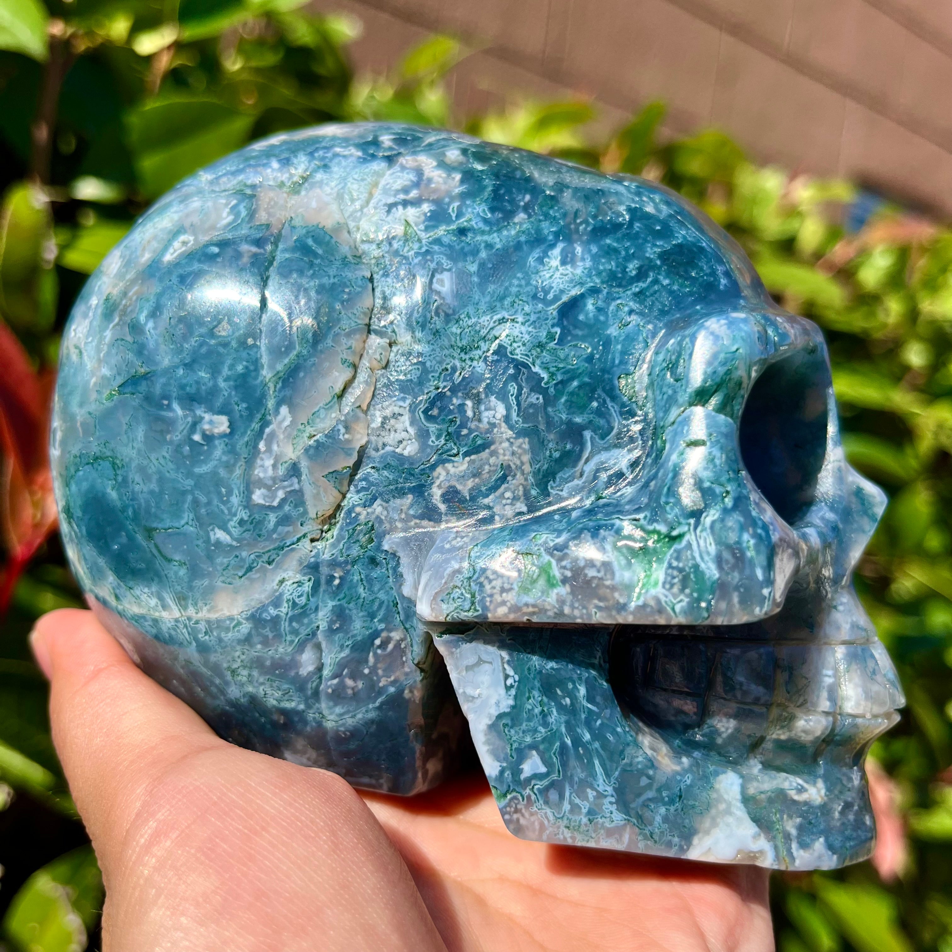 Natural Moss Agate Skull Skeleton Carving