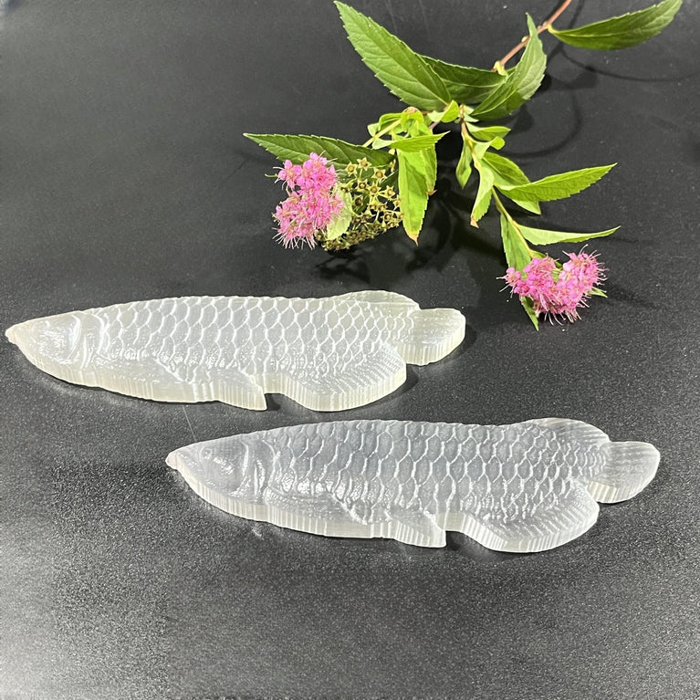 12CM Arowana Selenite Carving Natural Crystal Healing Stone Home Decoration