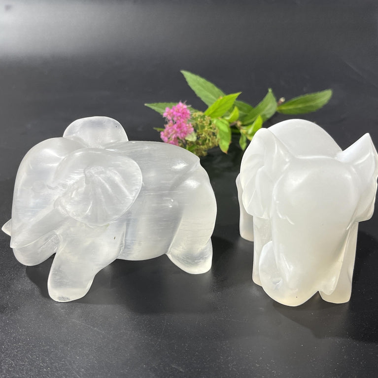 8CM Elephant Selenite Carving Natural Crystal Healing Stone Home Decoration