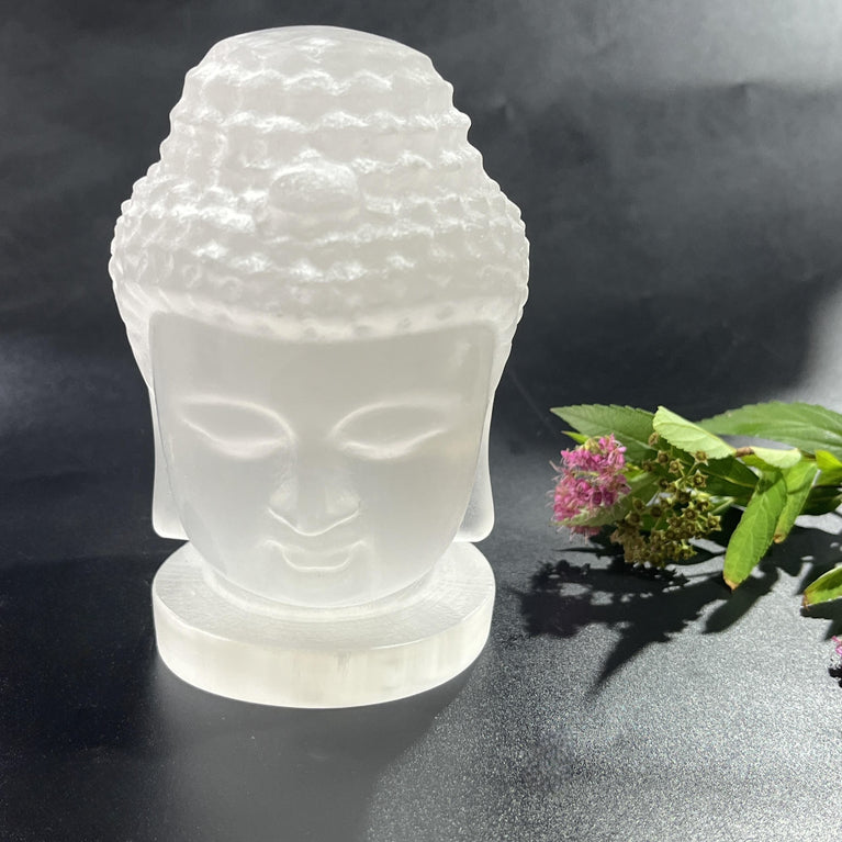 11CM Buddha Head Selenite Carving Natural Crystal Healing Stone Home Decoration