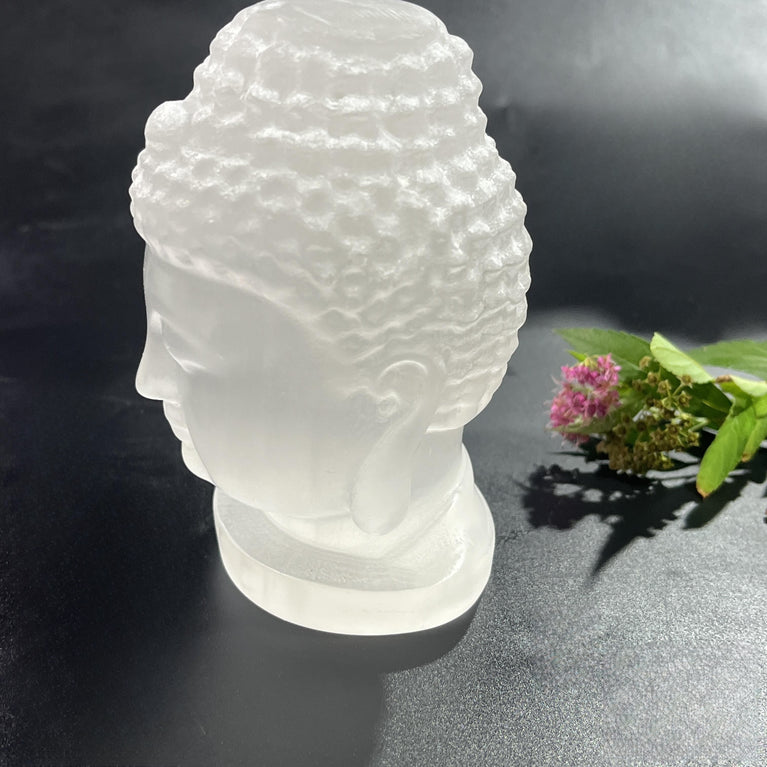 11CM Buddha Head Selenite Carving Natural Crystal Healing Stone Home Decoration