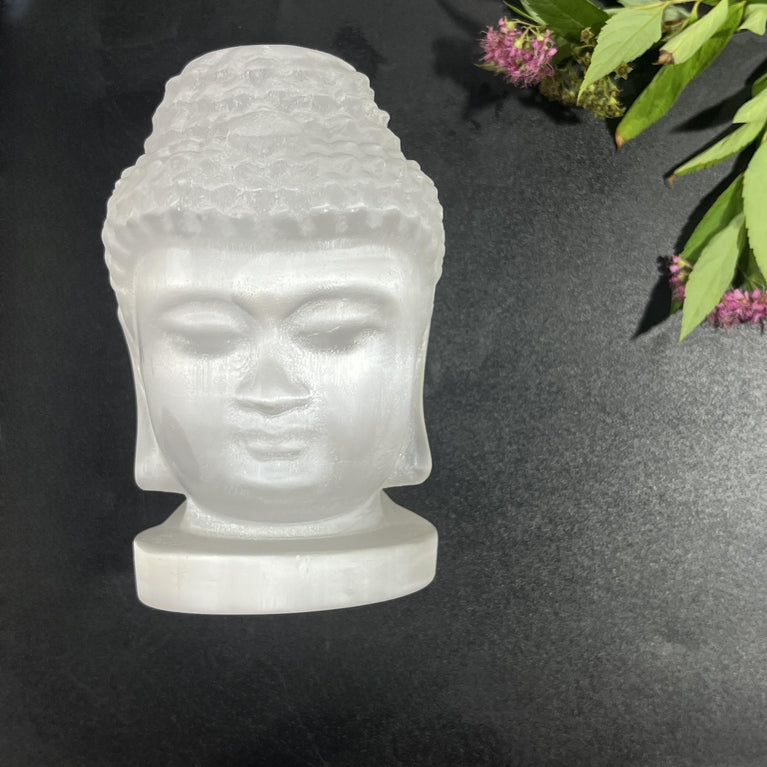 11CM Buddha Head Selenite Carving Natural Crystal Healing Stone Home Decoration