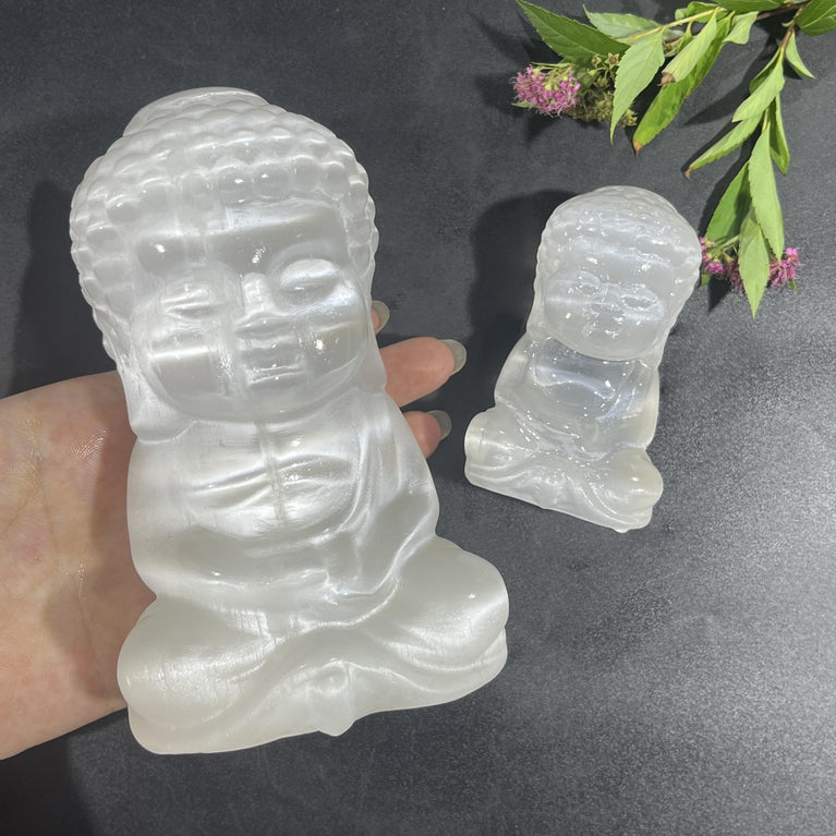 8CM/14CM Baby Buddha Selenite Carving Natural Crystal Healing Stone Home Decoration