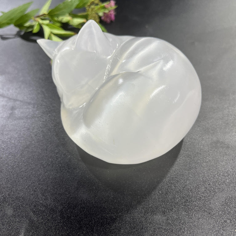 8CM/10CM Sleeping Cat Selenite Carving Natural Crystal Healing Stone Home Decoration