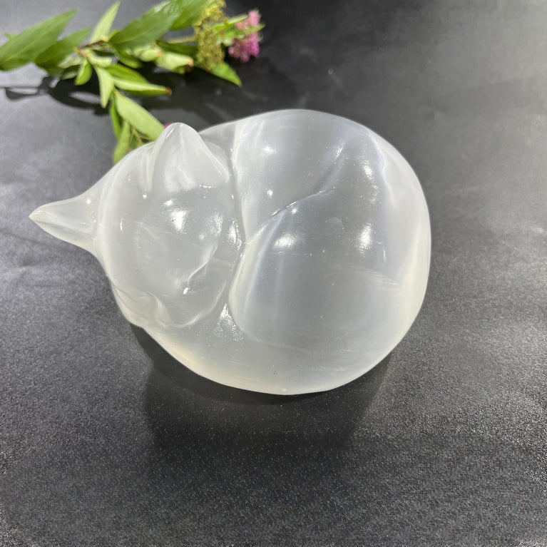 8CM/10CM Sleeping Cat Selenite Carving Natural Crystal Healing Stone Home Decoration