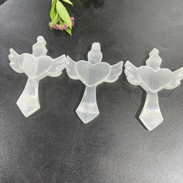 8CM Heart Cross Selenite Carving Natural Crystal Healing Stone Home Decoration