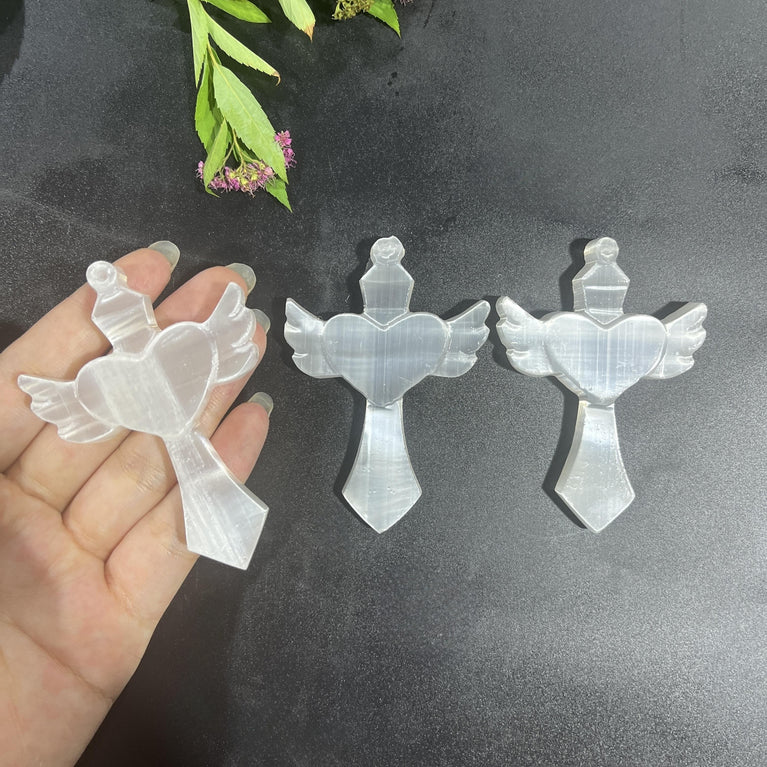 8CM Heart Cross Selenite Carving Natural Crystal Healing Stone Home Decoration