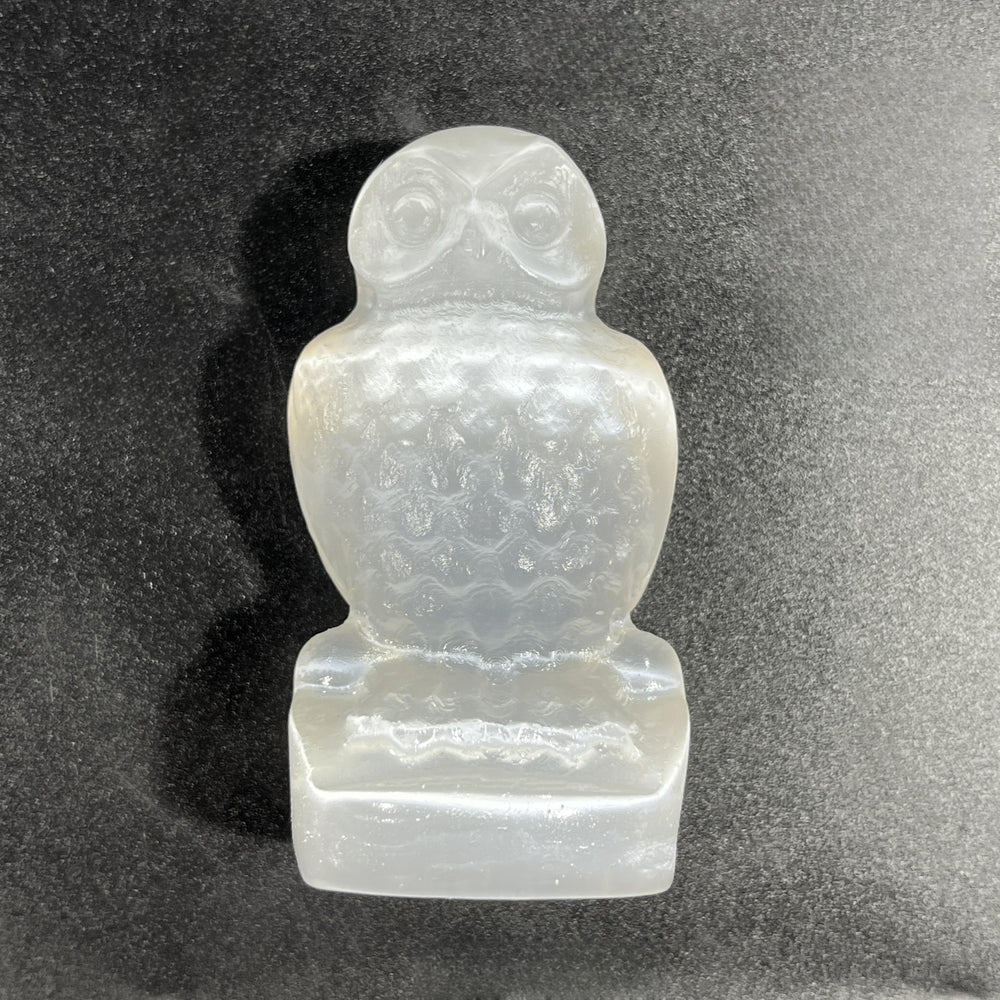 8CM Sitting Owl Selenite Carving Natural Crystal Healing Stone Home Decoration