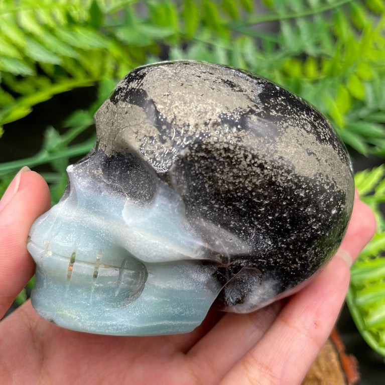 8CM Carribean Calcite Pyrite Skull Natural Crystal Carving