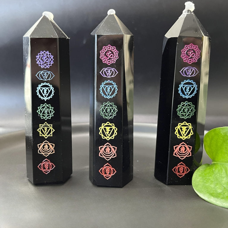 Natural Printed Chakra Obsidian Crystal Point Tower Wand Obelisk Point Reiki Healing