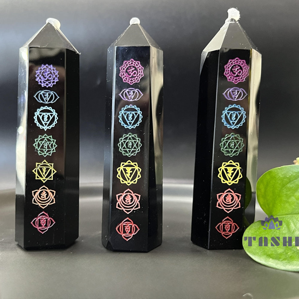 Natural Printed Chakra Obsidian Crystal Point Tower Wand Obelisk Point Reiki Healing