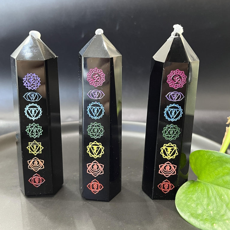 Natural Printed Chakra Obsidian Crystal Point Tower Wand Obelisk Point Reiki Healing