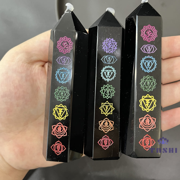 Natural Printed Chakra Obsidian Crystal Point Tower Wand Obelisk Point Reiki Healing