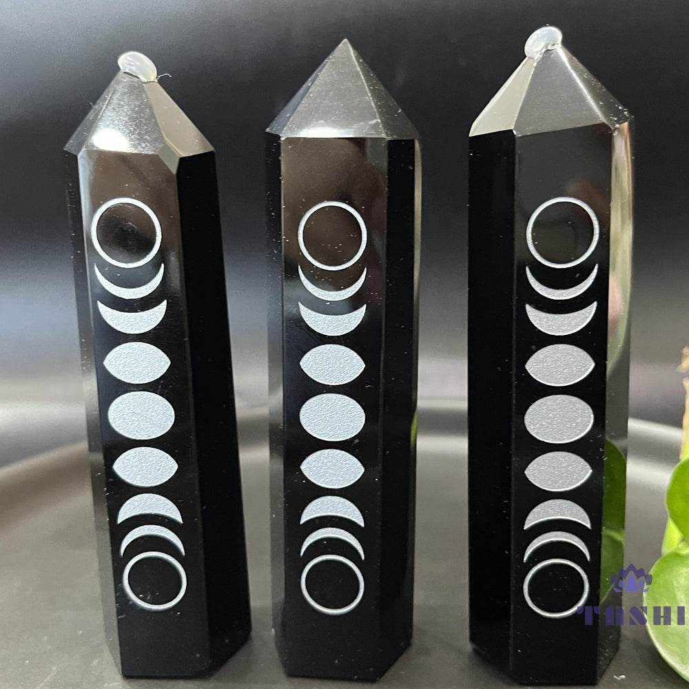 Natural Printed Moon Phase Obsidian Crystal Point Tower Wand Obelisk Point Reiki Healing