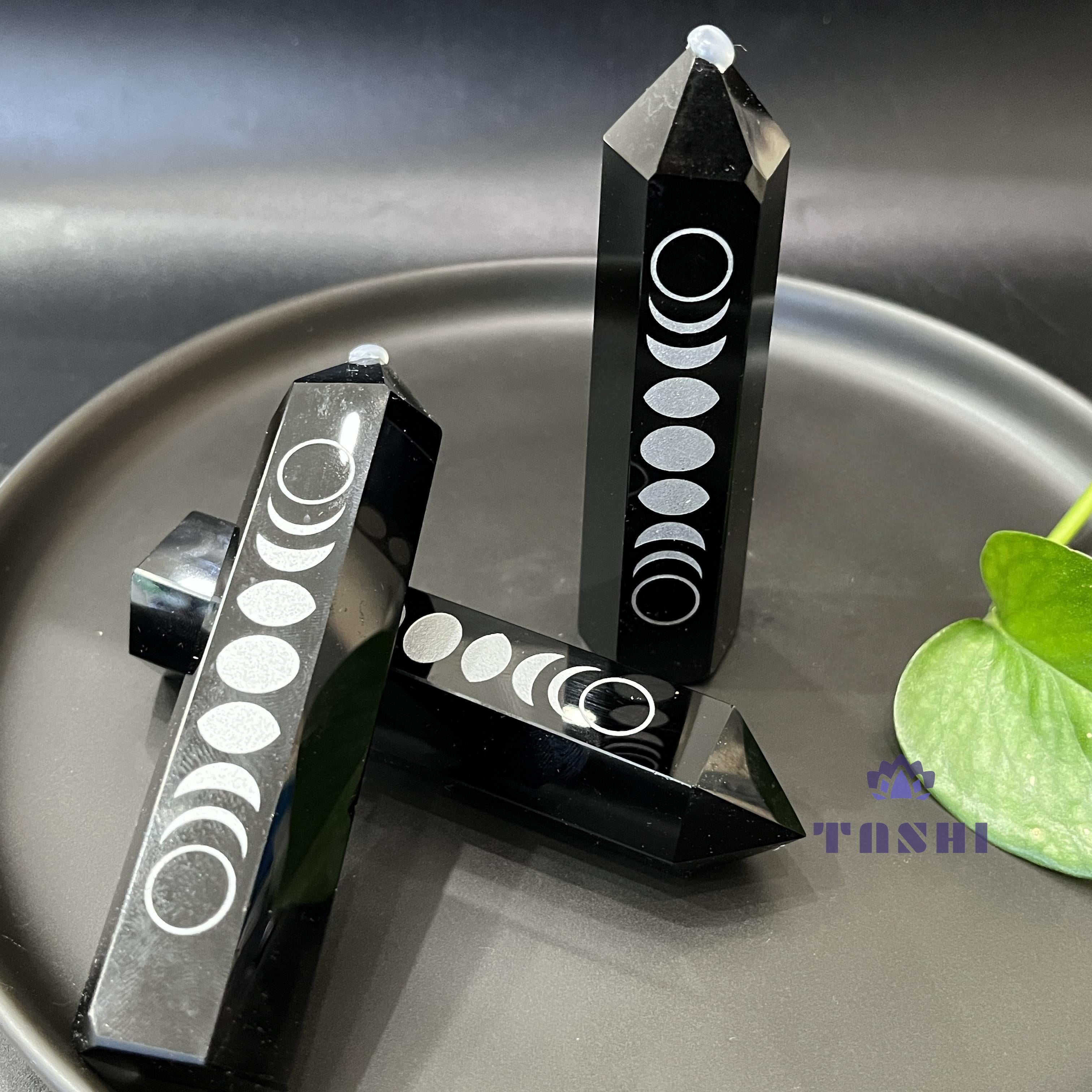 Natural Printed Moon Phase Obsidian Crystal Point Tower Wand Obelisk Point Reiki Healing